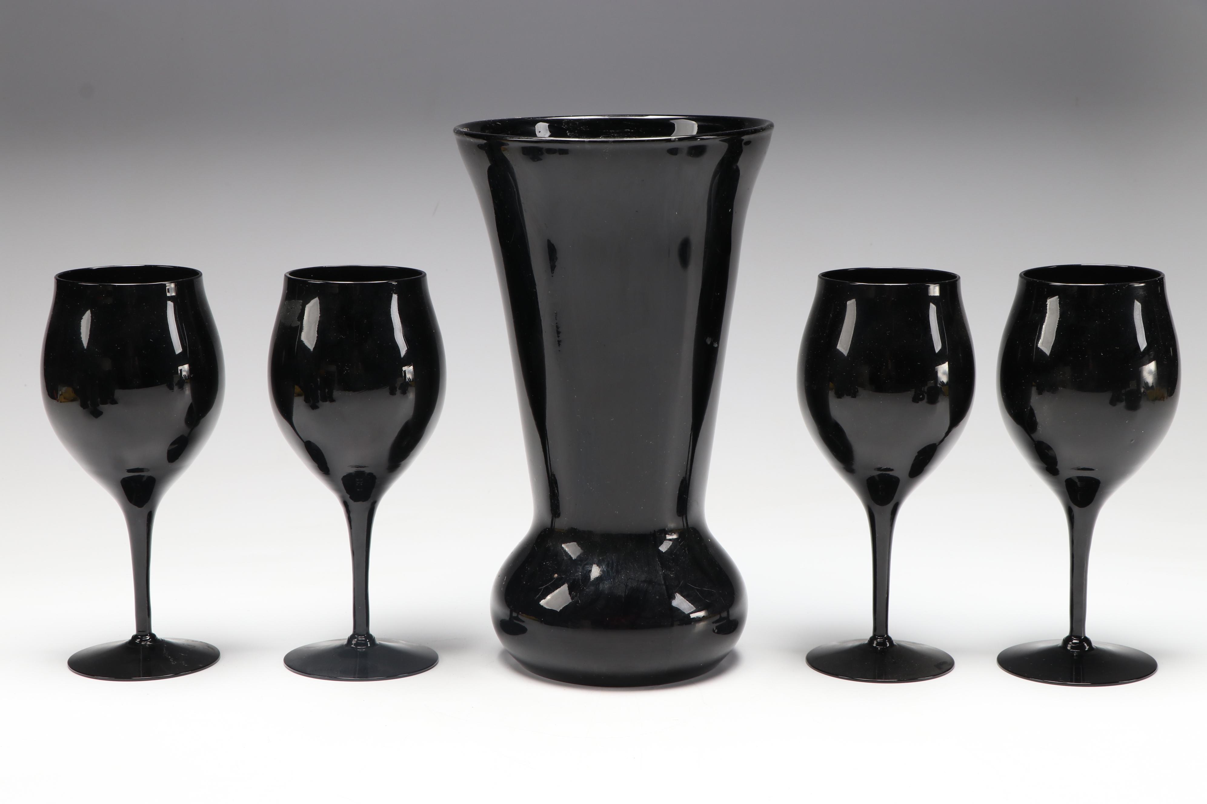 Smith "Black Amethyst" and Indiana Black Glass Vases, Stemware and More