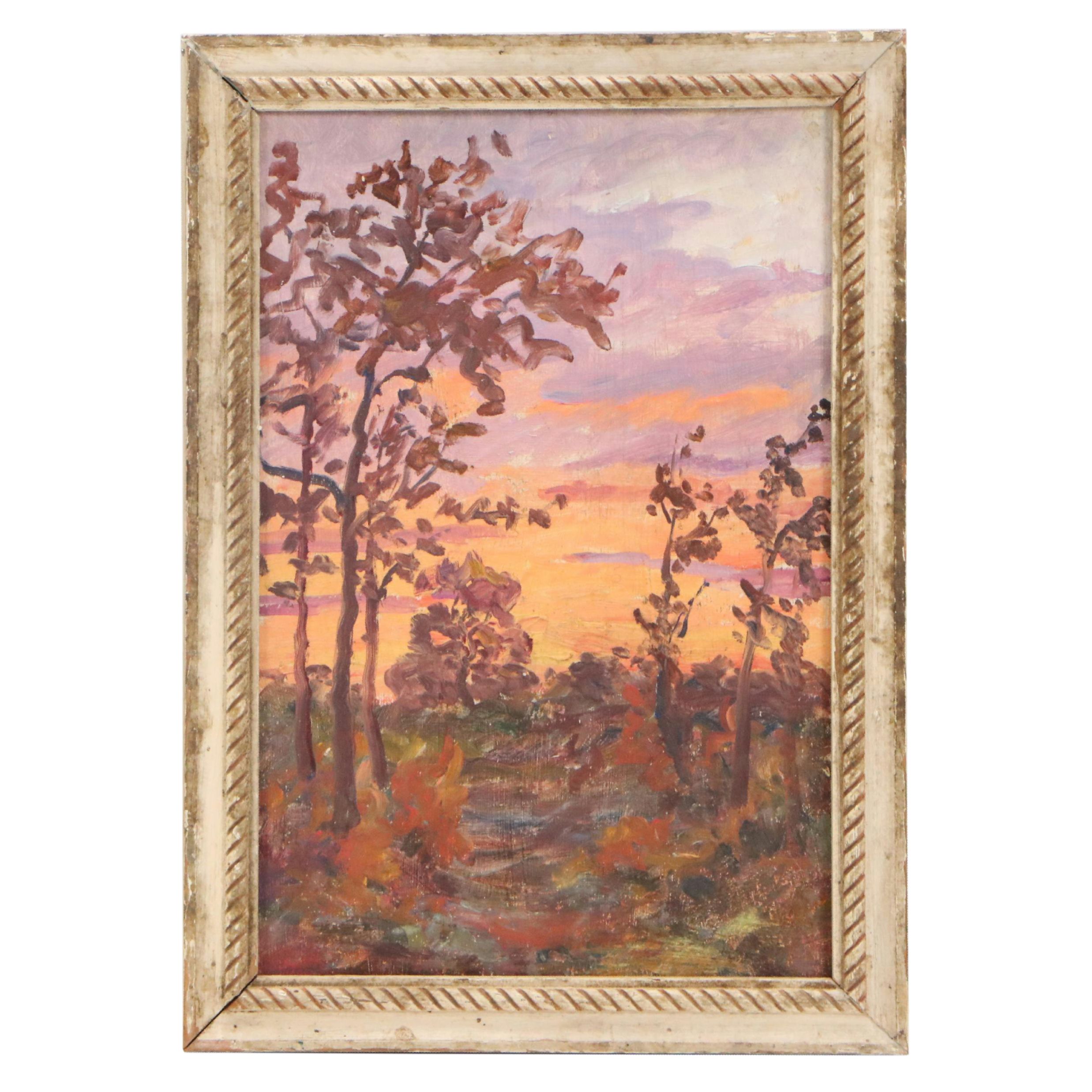 Jeanne Reimbolte Impressionistic Oil Painting of Forest Sunset, Circa 1915