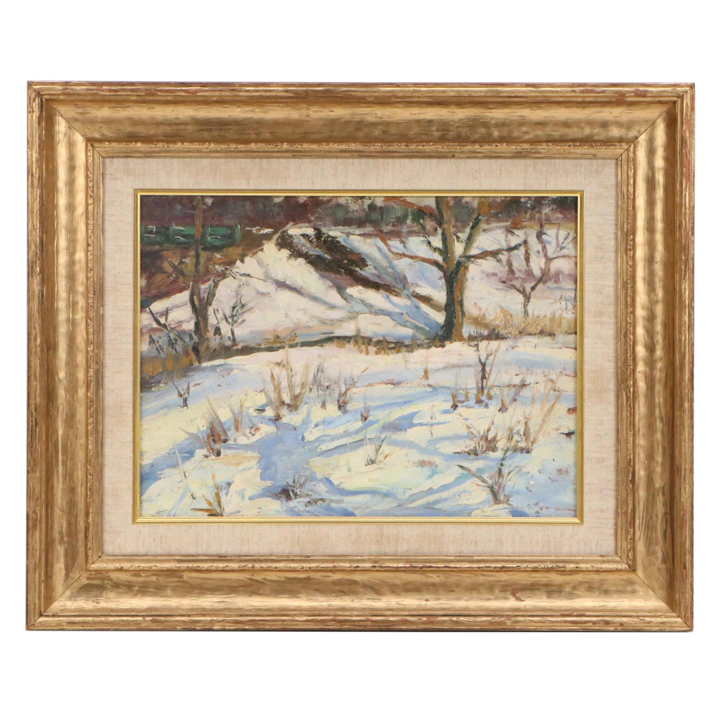Lila Hetzel Winter Landscape Oil Painting "Des Plaines River," 1931