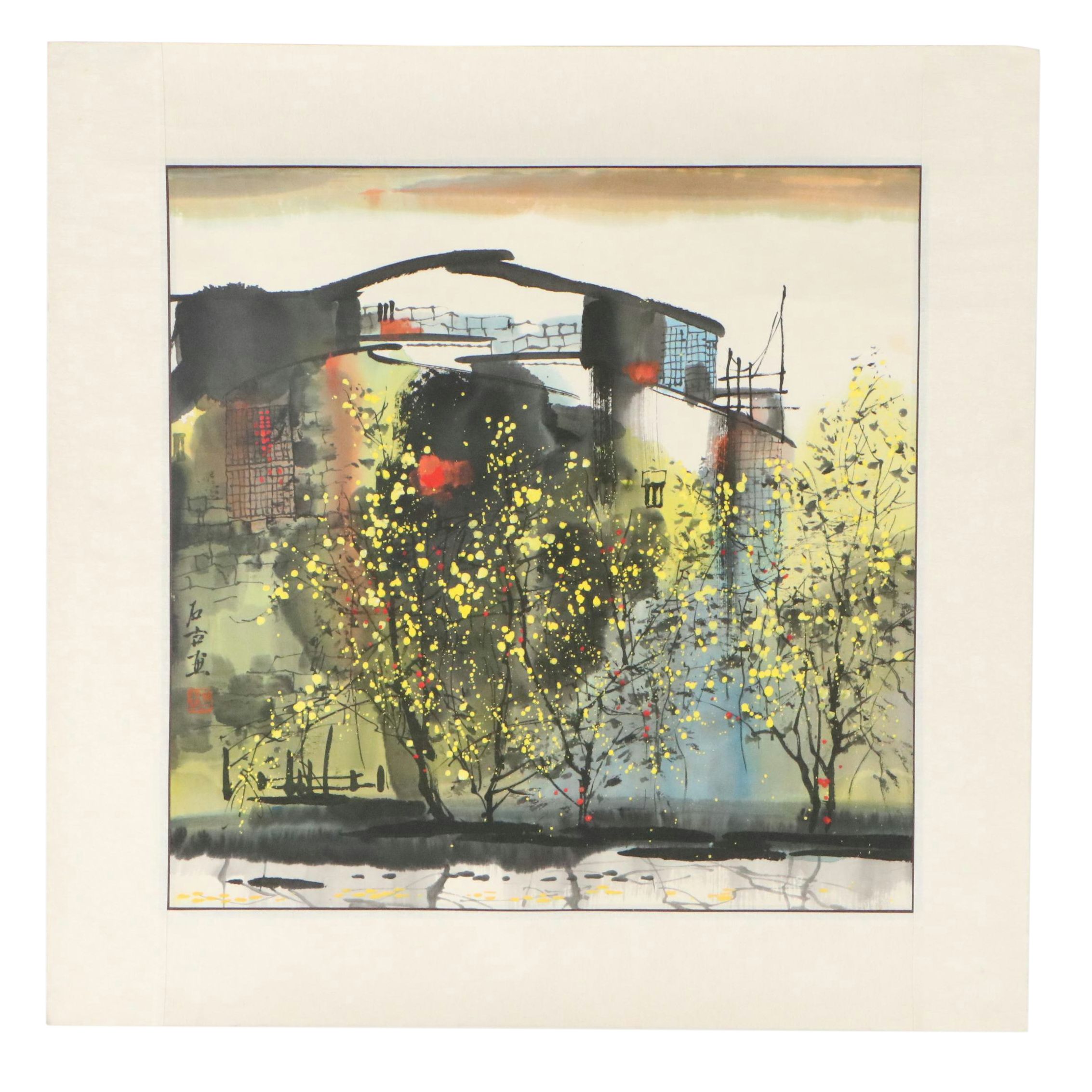 Chinese School Gouache Painting of Building with Trees, Late 20th to 21st C.