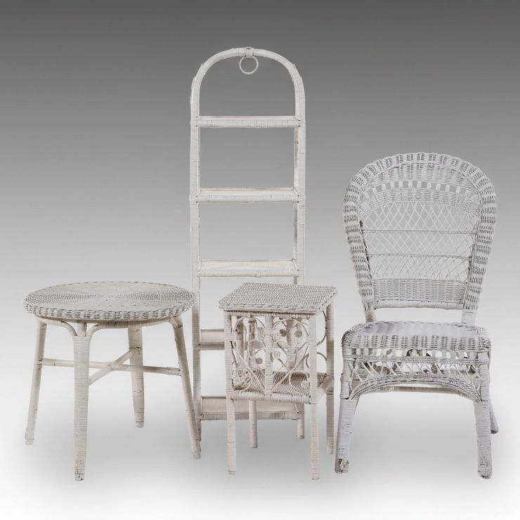 Vintage Painted Wicker Side Tables, Side Chair and Étagère