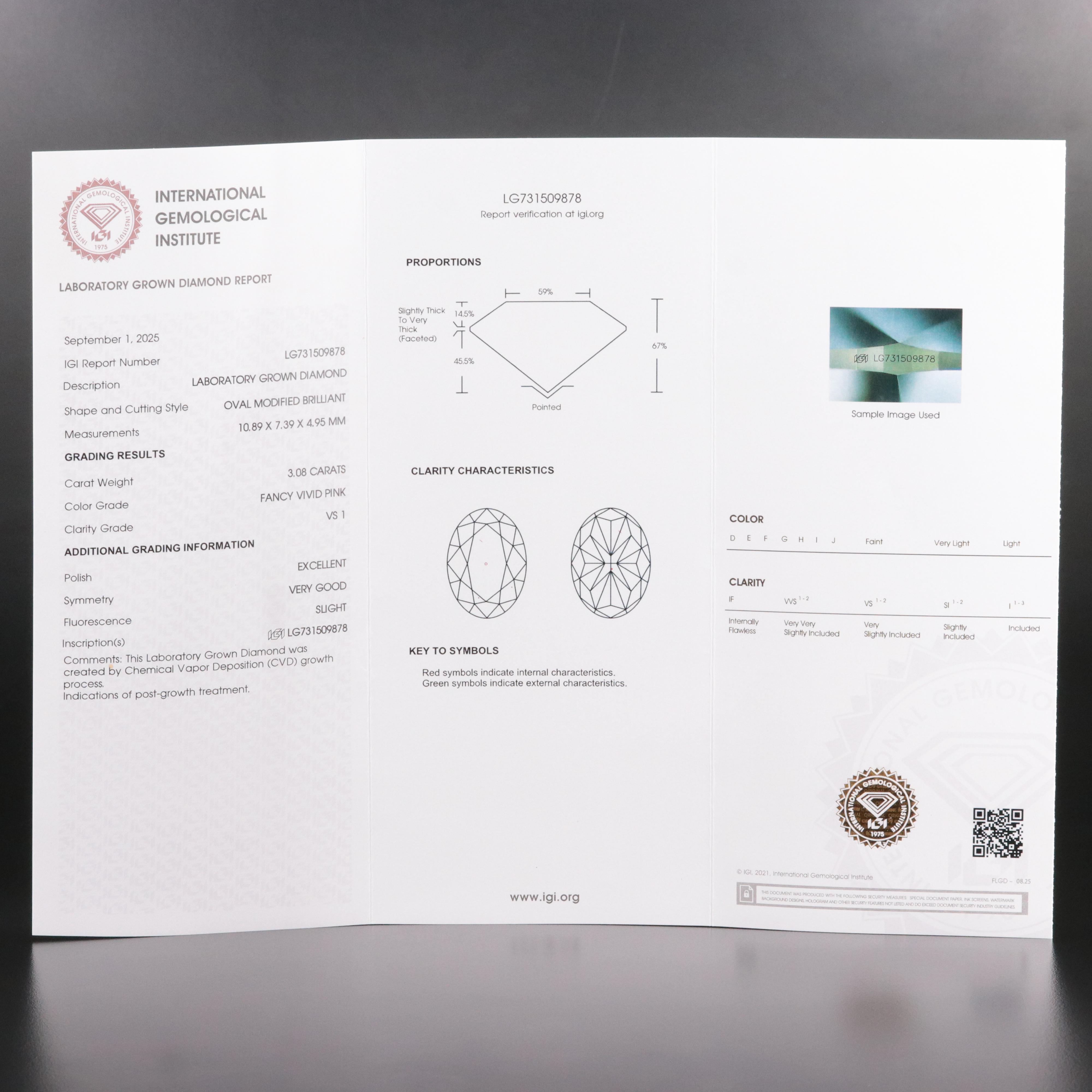 Loose 3.08 CT Lab Grown Fancy Pink Diamond with IGI Report