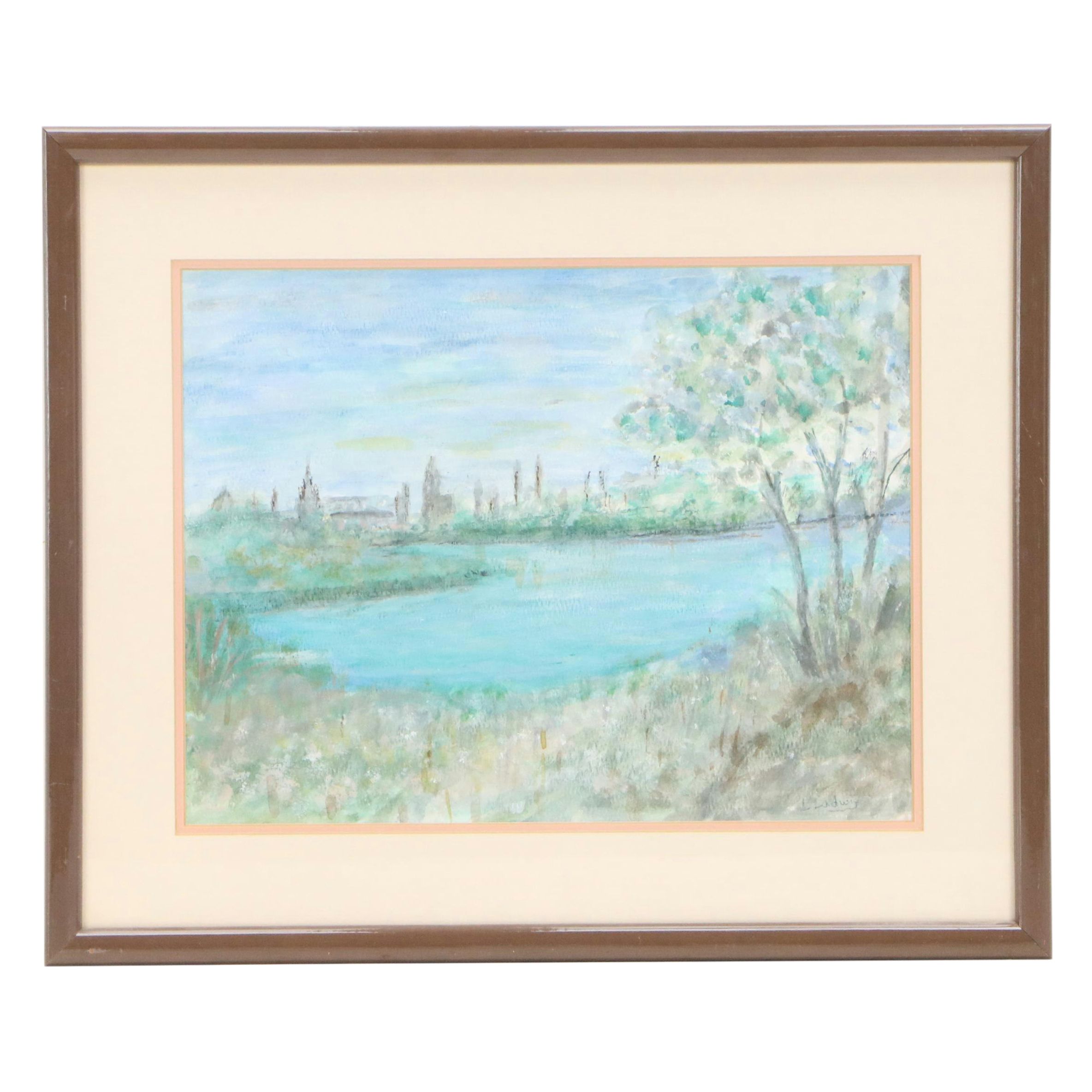L Ludwig Abstract Watercolor Painting of River Landscape, Late 20th Century
