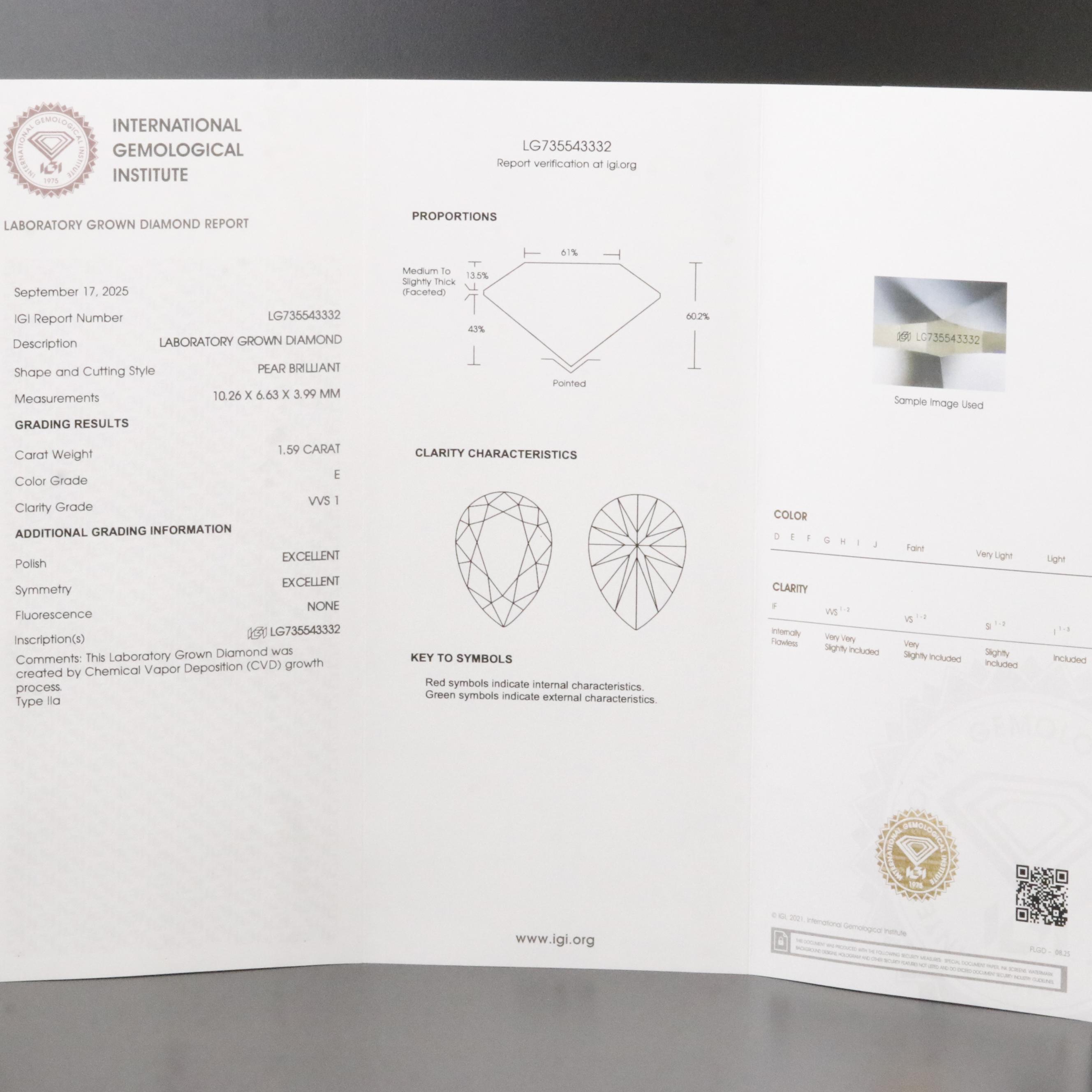 Loose 1.59 CT Lab Grown Diamond with IGI Report