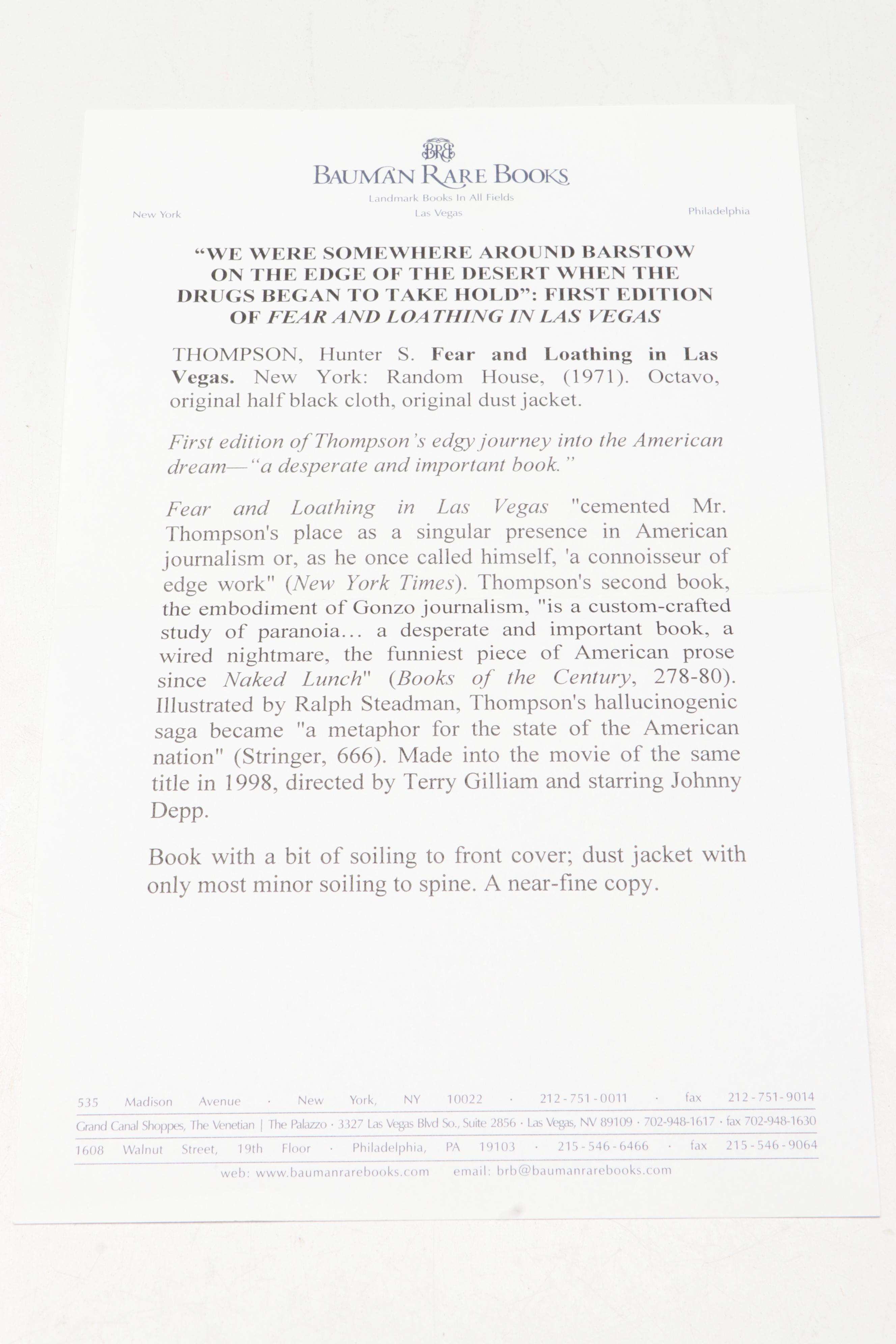 First Edition "Fear and Loathing in Las Vegas" by Hunter S. Thompson, 1971