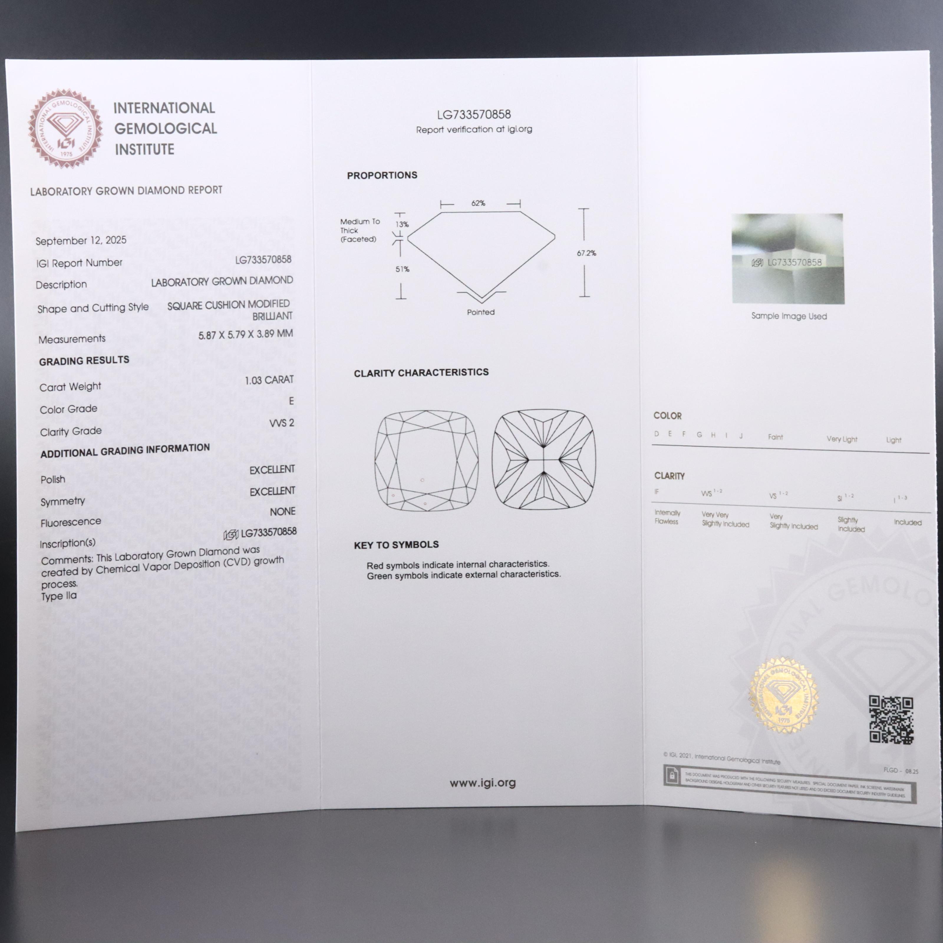 Loose 1.03 CT Lab Grown Diamond with IGI Report