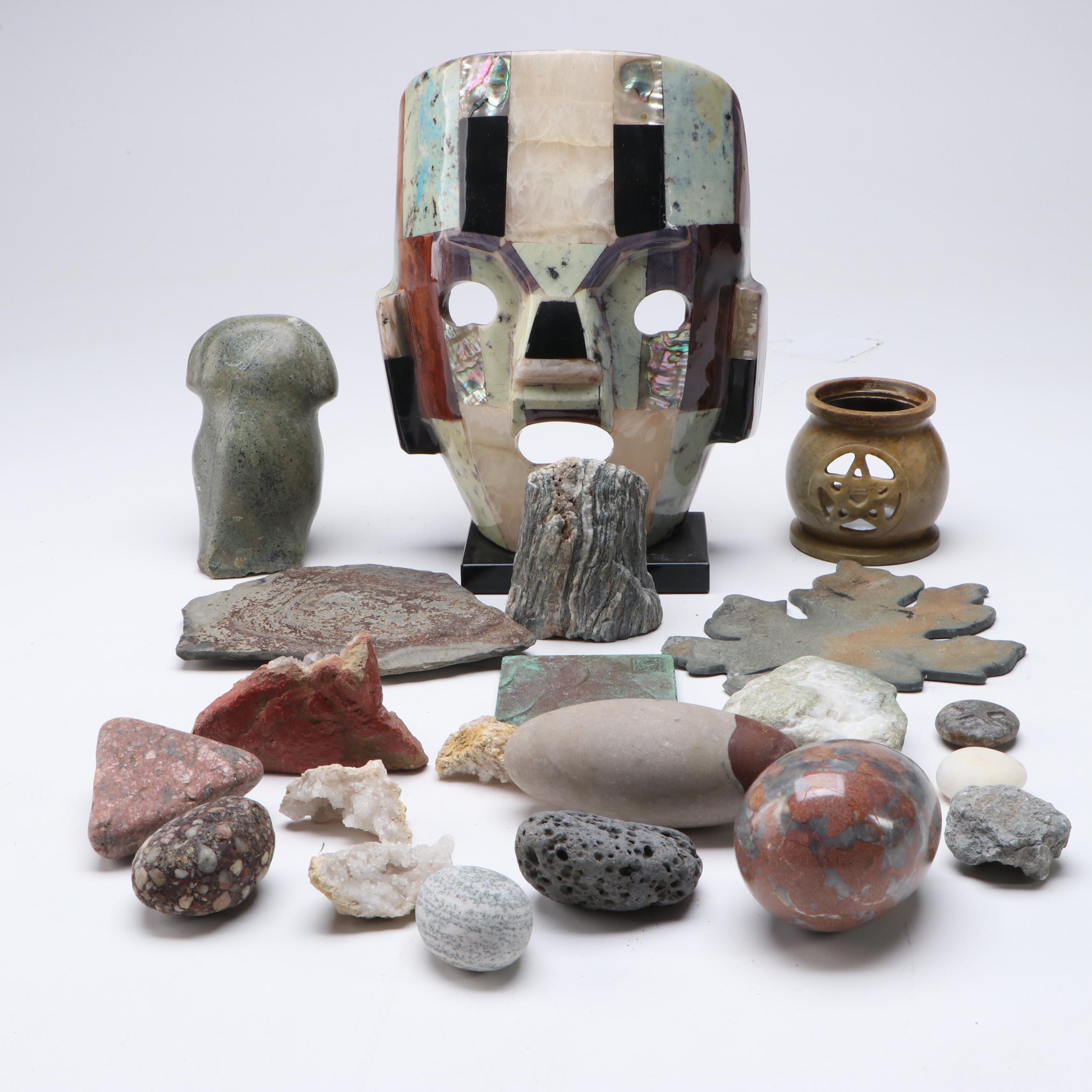 Abalone, Jasper and Calcite Mayan Mask, Quartz Specimens and More