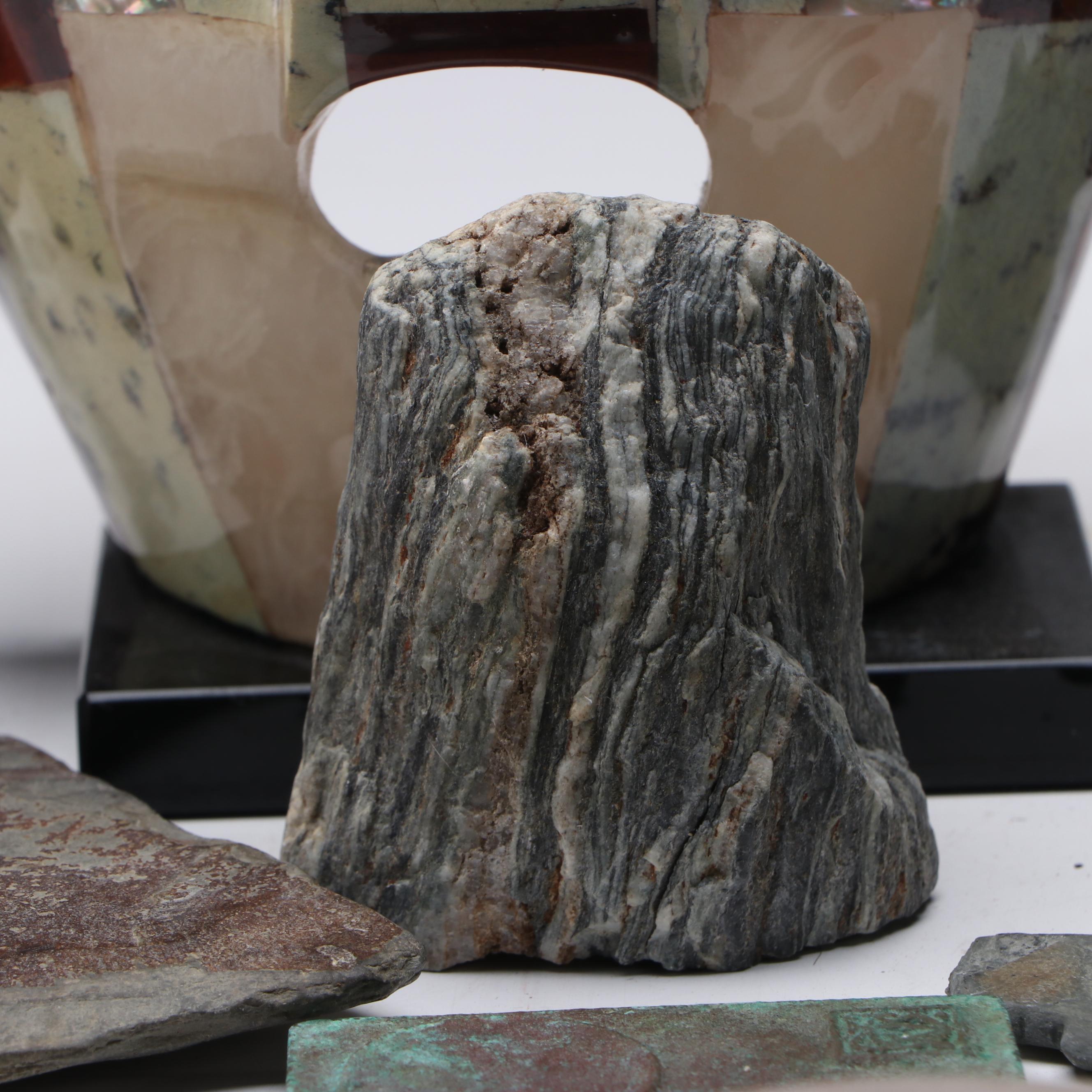 Abalone, Jasper and Calcite Mayan Mask, Quartz Specimens and More