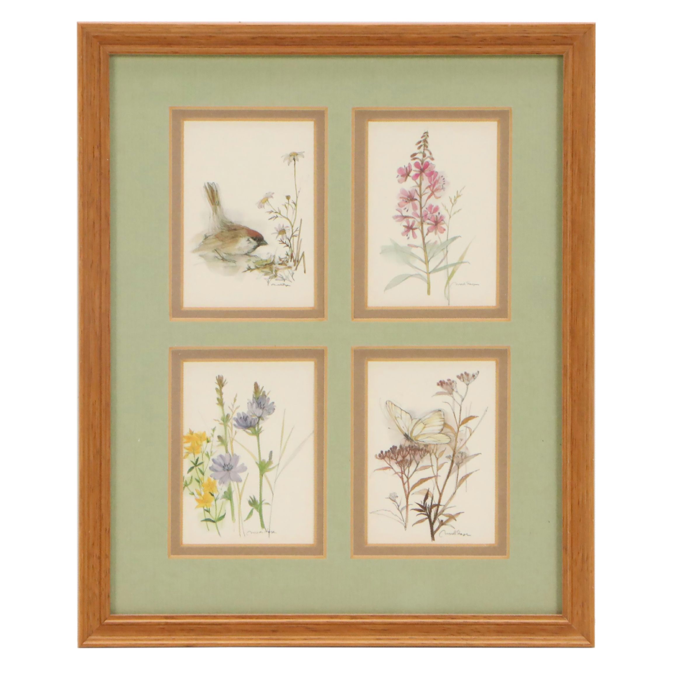 Offset Lithographs of Wildflowers with Bird and Butterfly, Late 20th Century