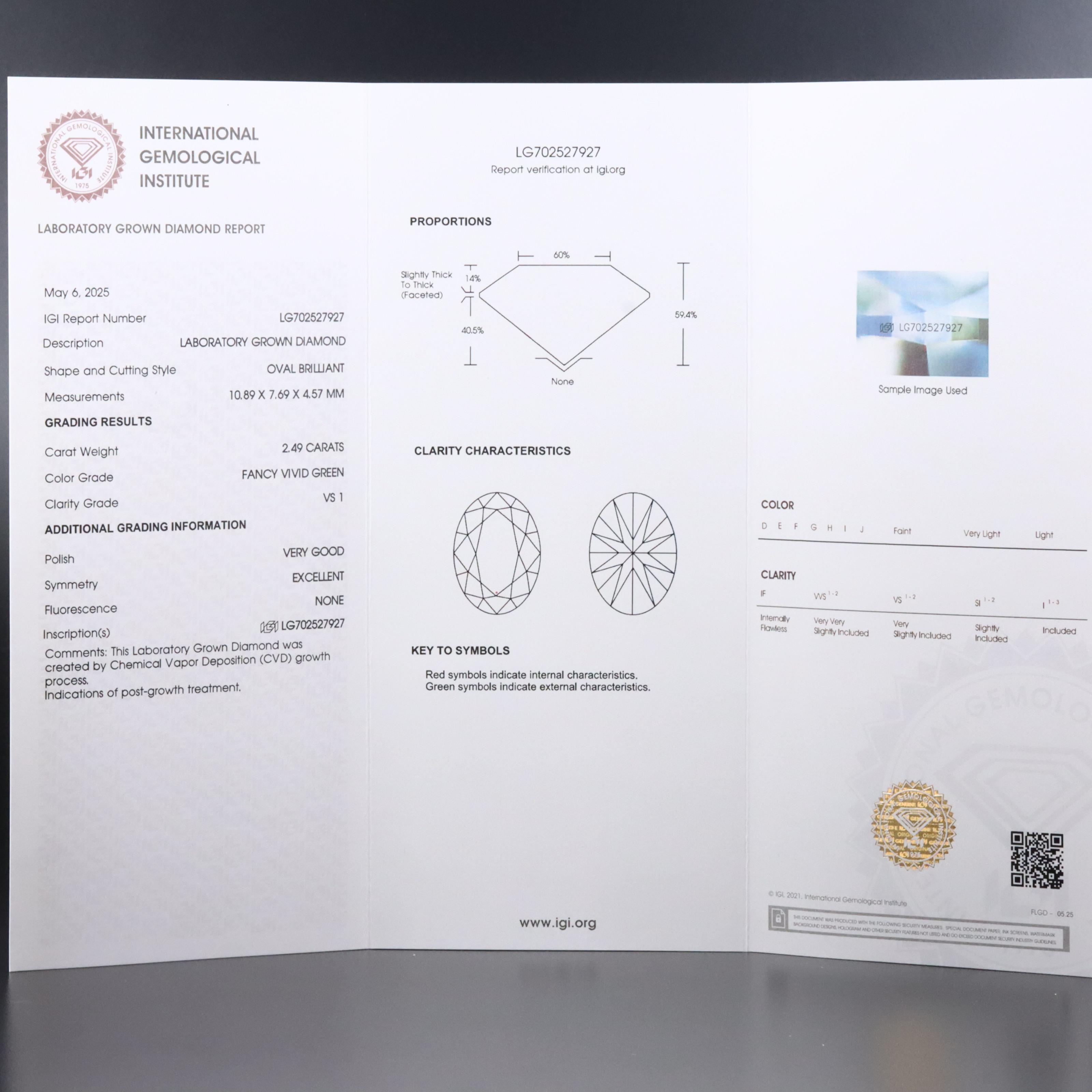 Loose 2.49 CT Lab Grown Fancy Green Diamond with IGI Report