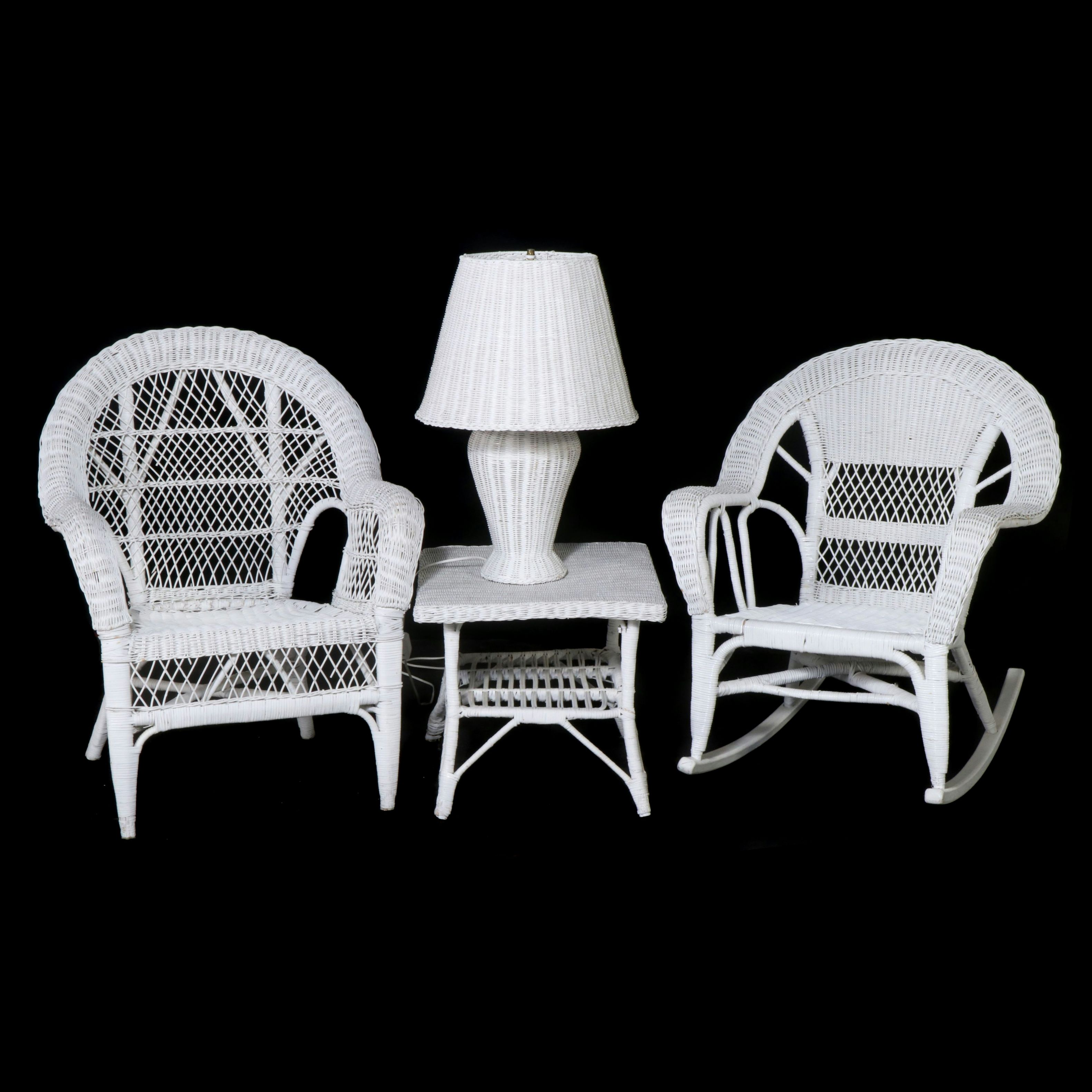 Painted Wicker Rocking Chair, Armchair, Side Table and Lamp