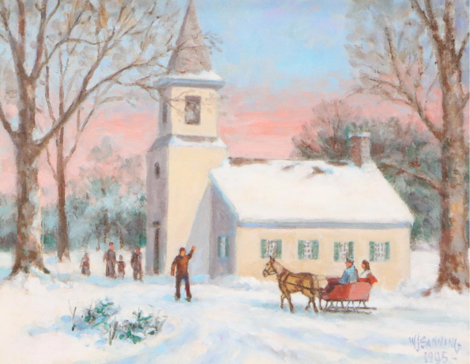William J. Sanning Oil Painting of Winter Scene with Church, 1945