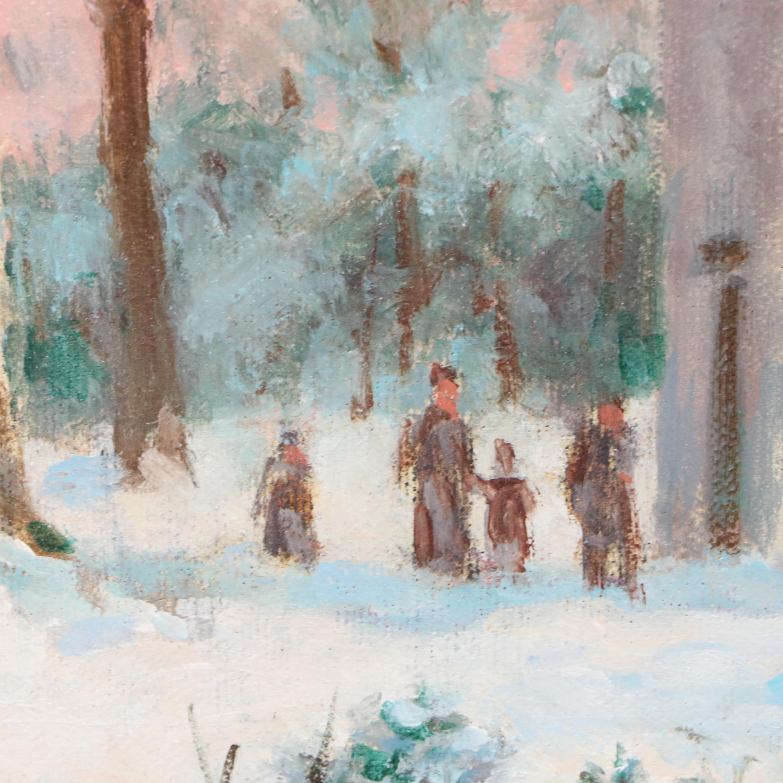 William J. Sanning Oil Painting of Winter Scene with Church, 1945