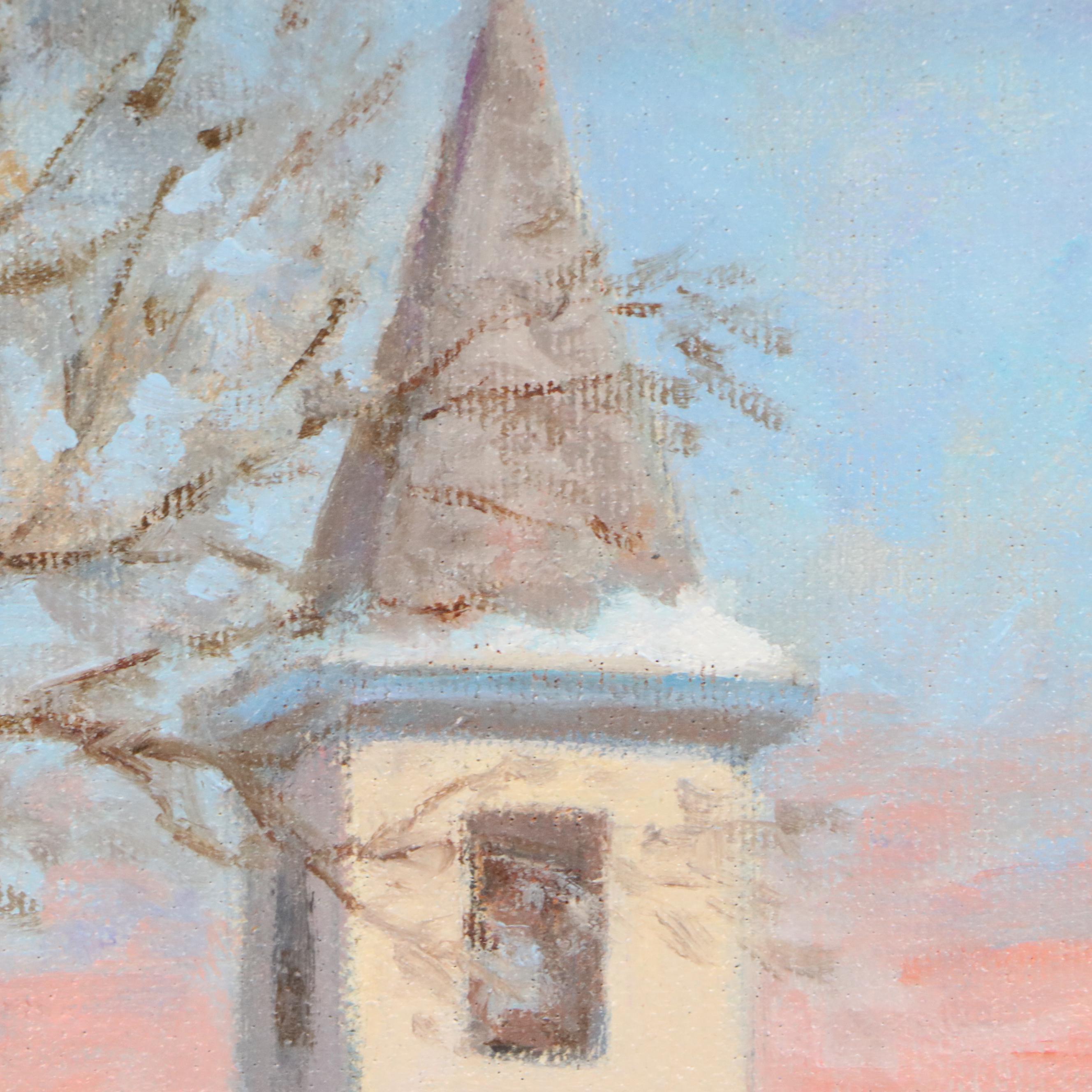 William J. Sanning Oil Painting of Winter Scene with Church, 1945