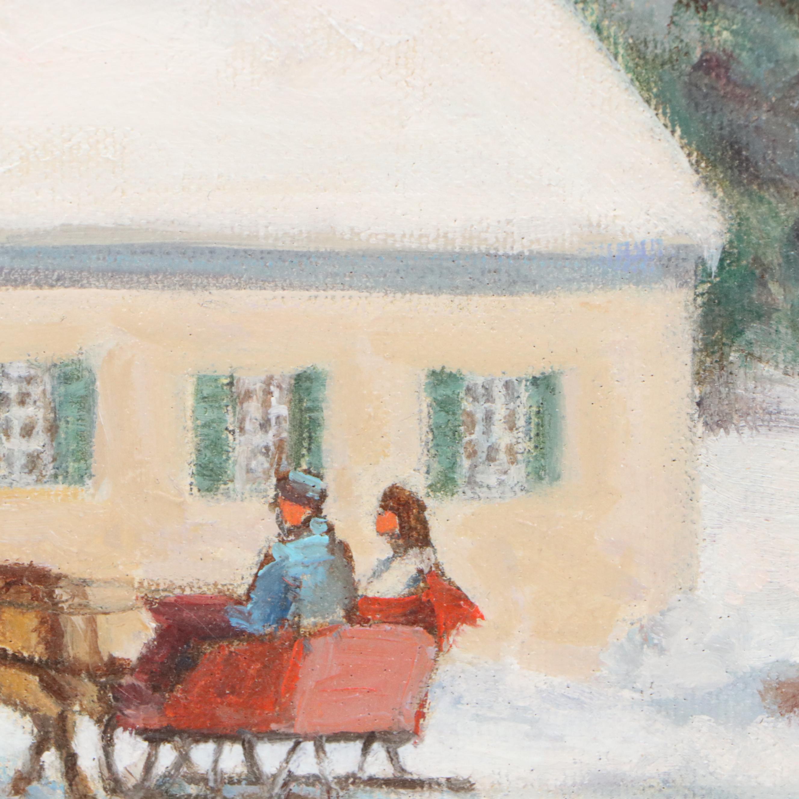 William J. Sanning Oil Painting of Winter Scene with Church, 1945