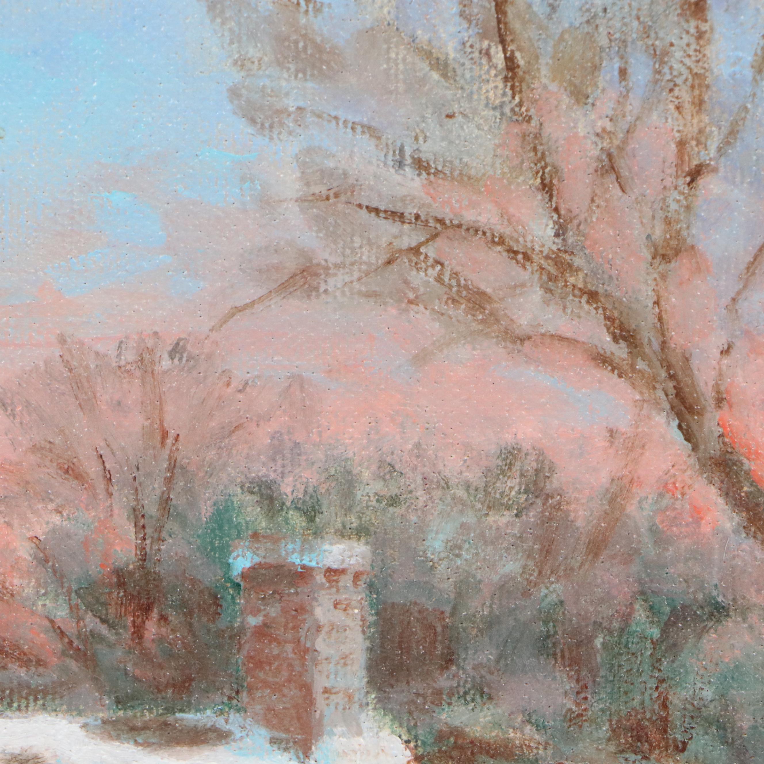 William J. Sanning Oil Painting of Winter Scene with Church, 1945