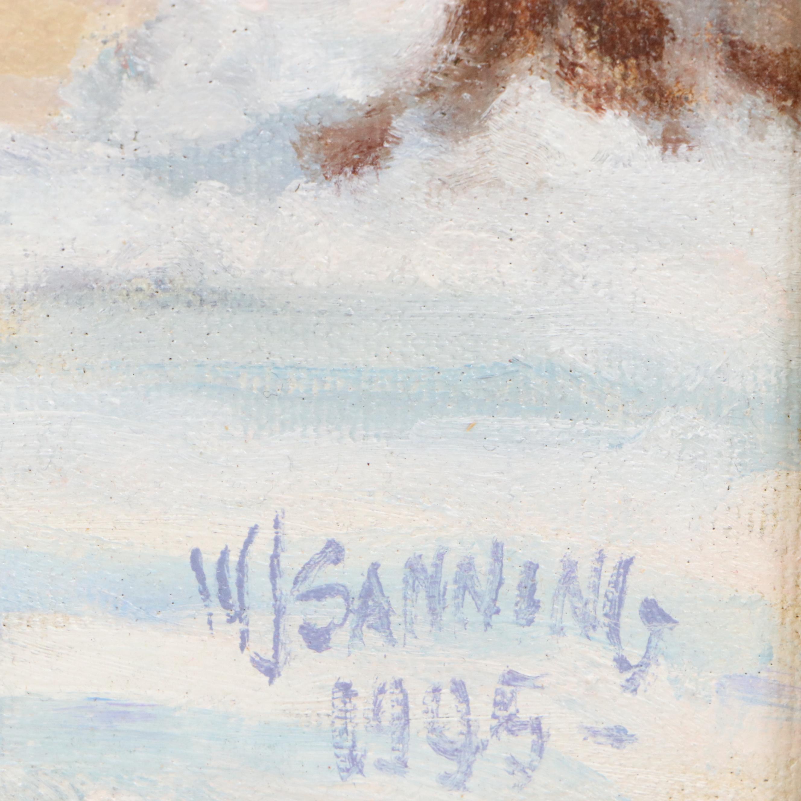 William J. Sanning Oil Painting of Winter Scene with Church, 1945