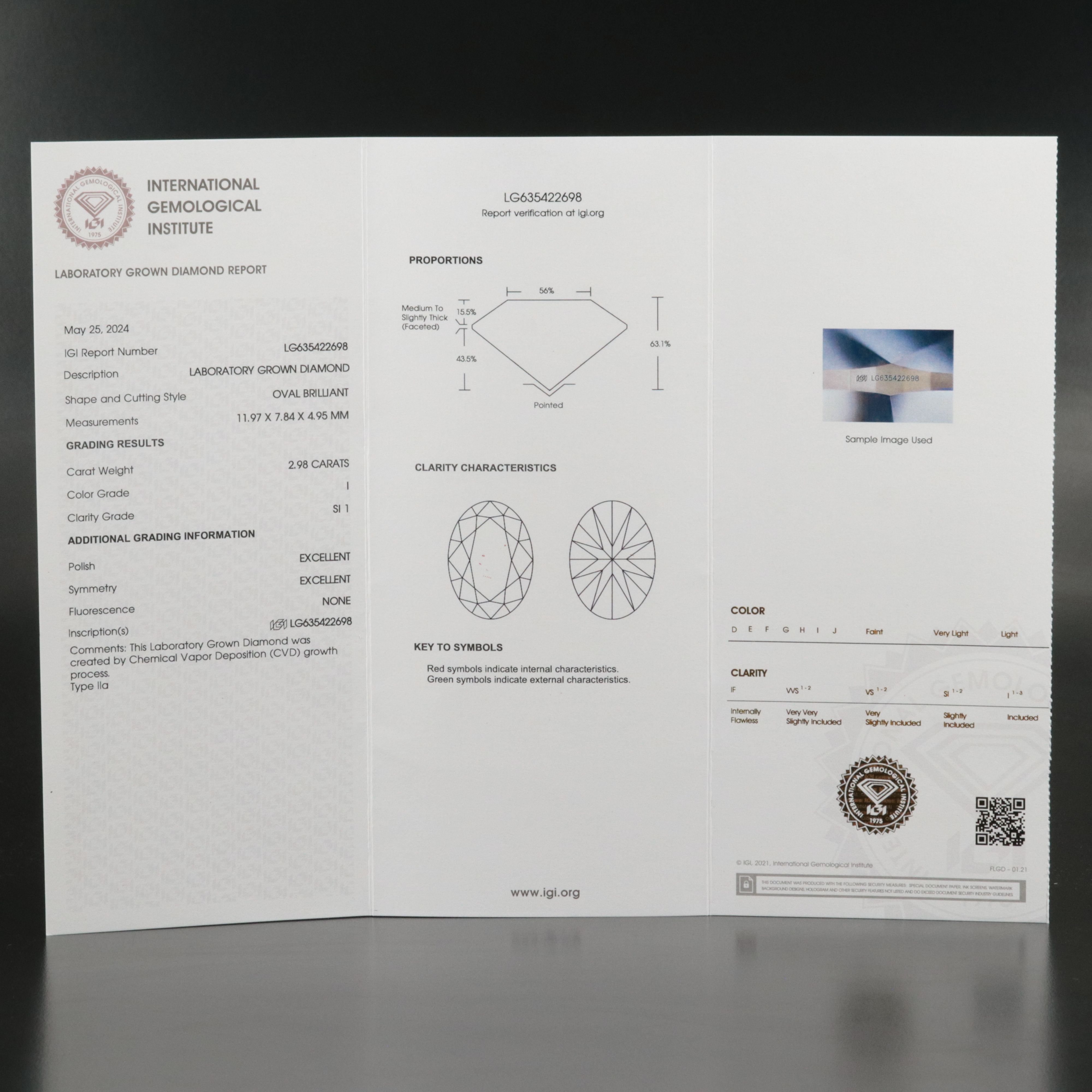 Loose 2.98 CT Lab Grown Diamond with IGI Report