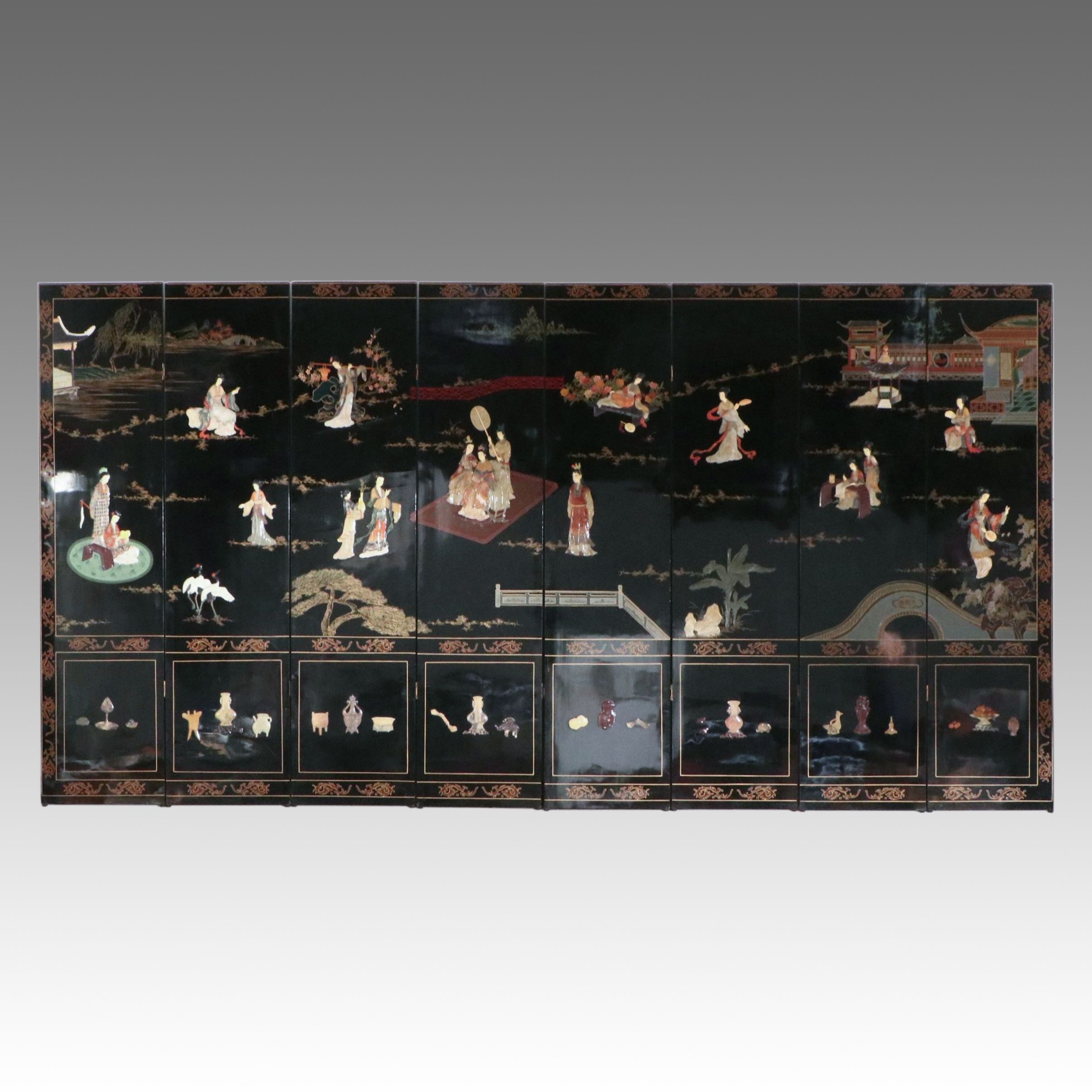 Chinese Lacquered Room Divider Depicting Imperial Palace Scene