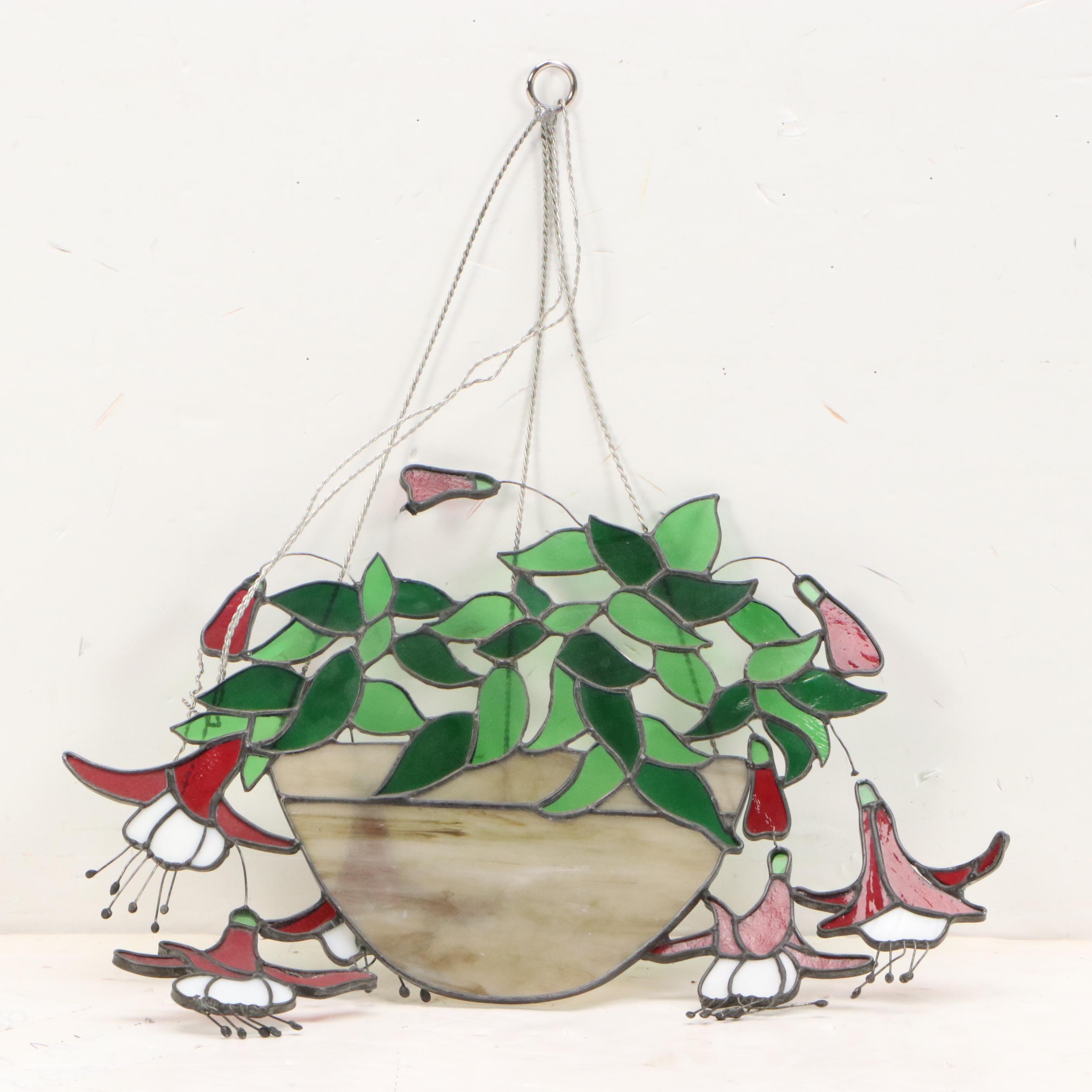Stained Glass Suncatcher Fuchsia Plant in Pot, Mid to Late 20th Century
