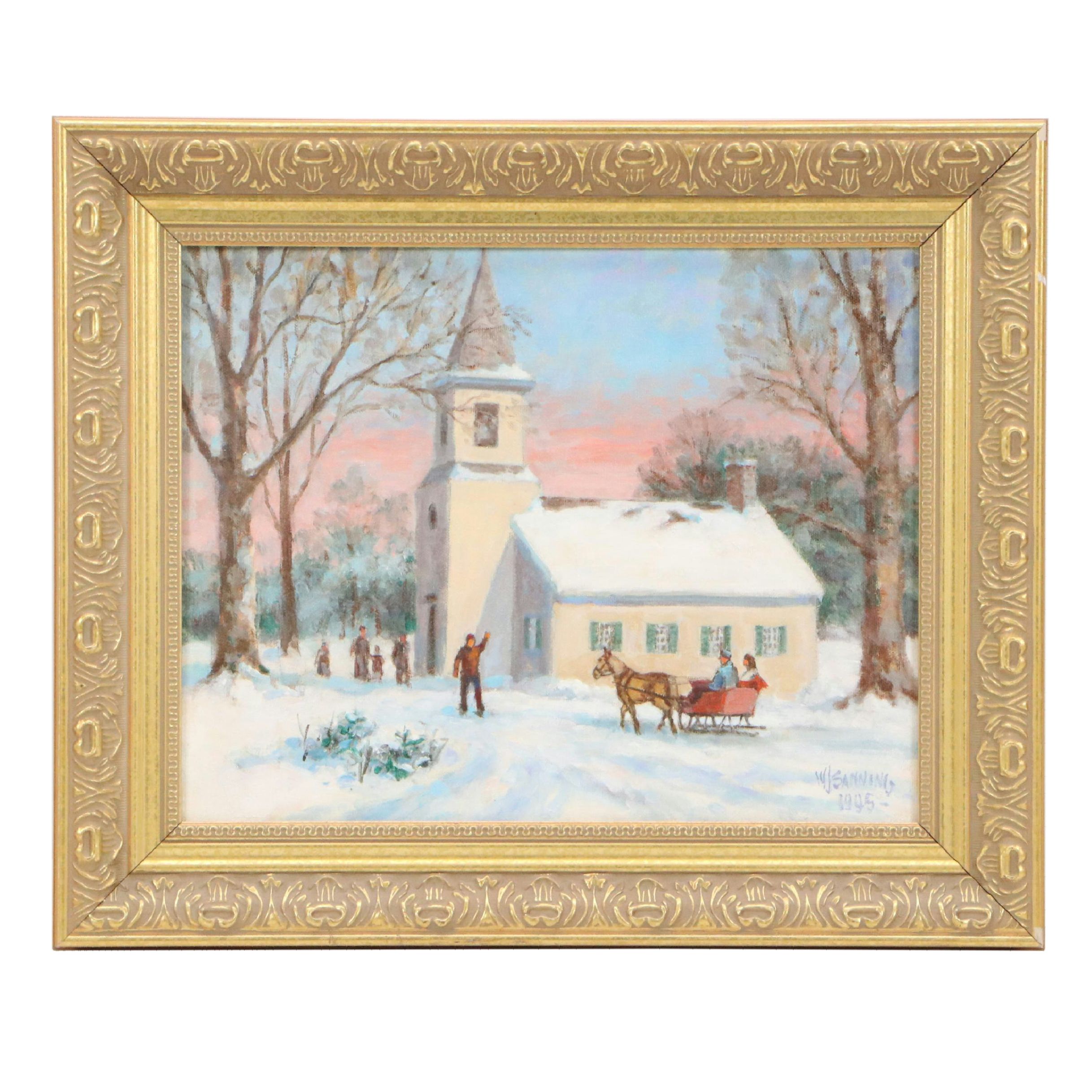 William J. Sanning Oil Painting of Winter Scene with Church, 1945