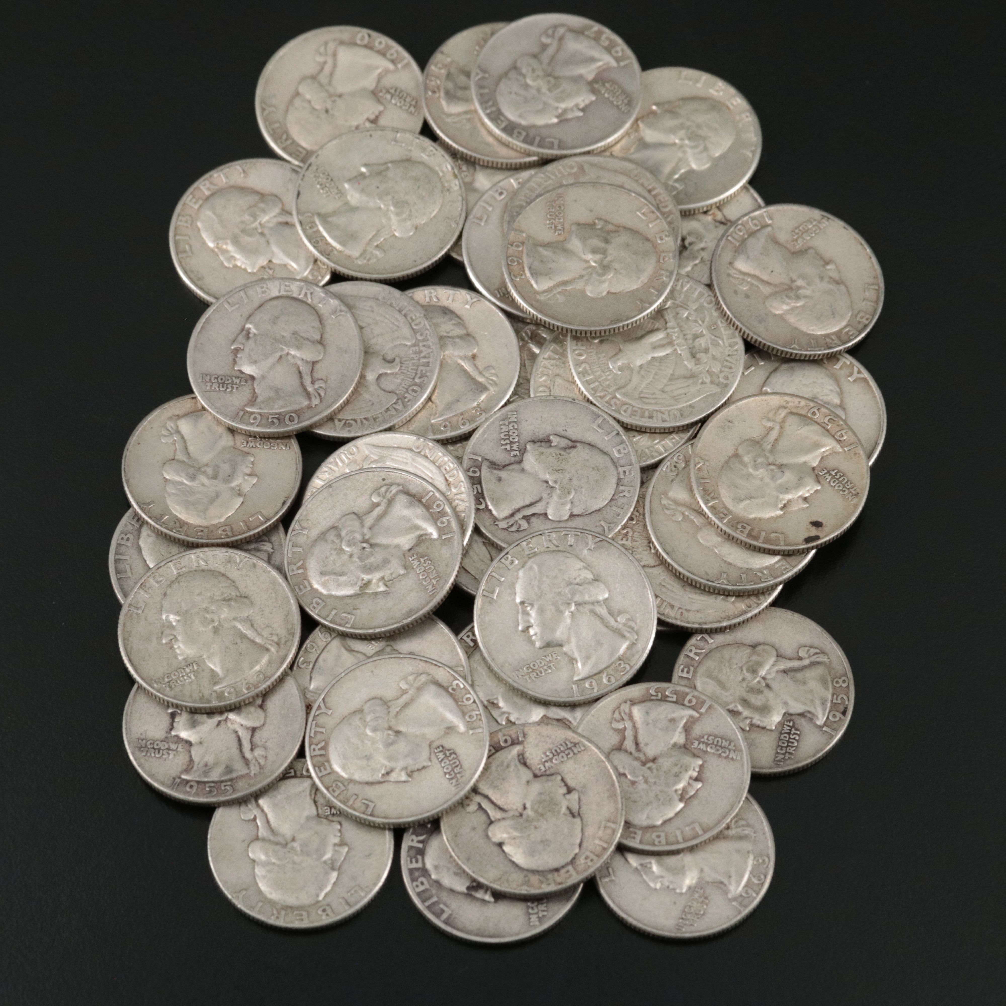 Forty-Two Washington Silver Quarters, 1950s to 1960s