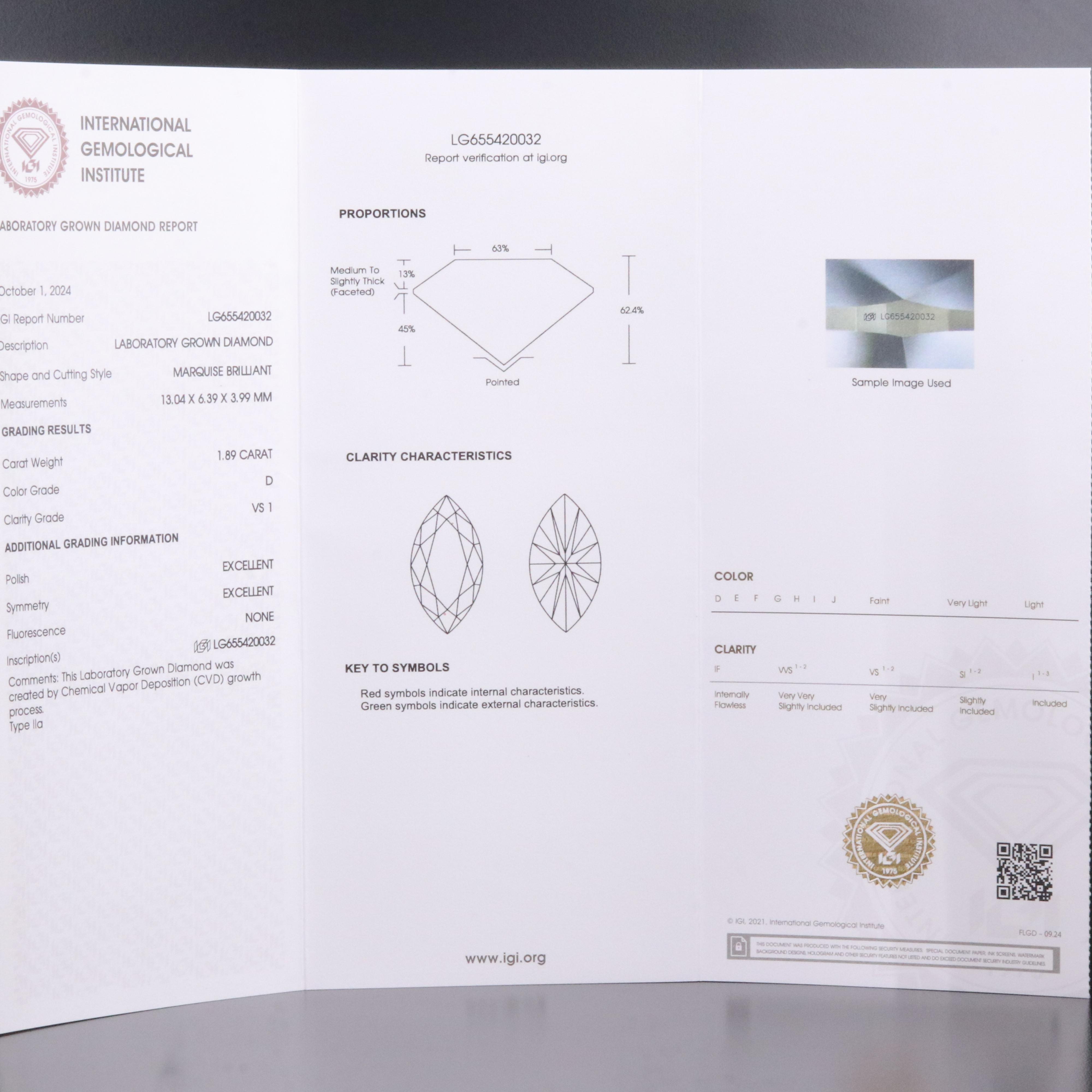 Loose 1.89 CT Lab Grown Diamond with IGI Report