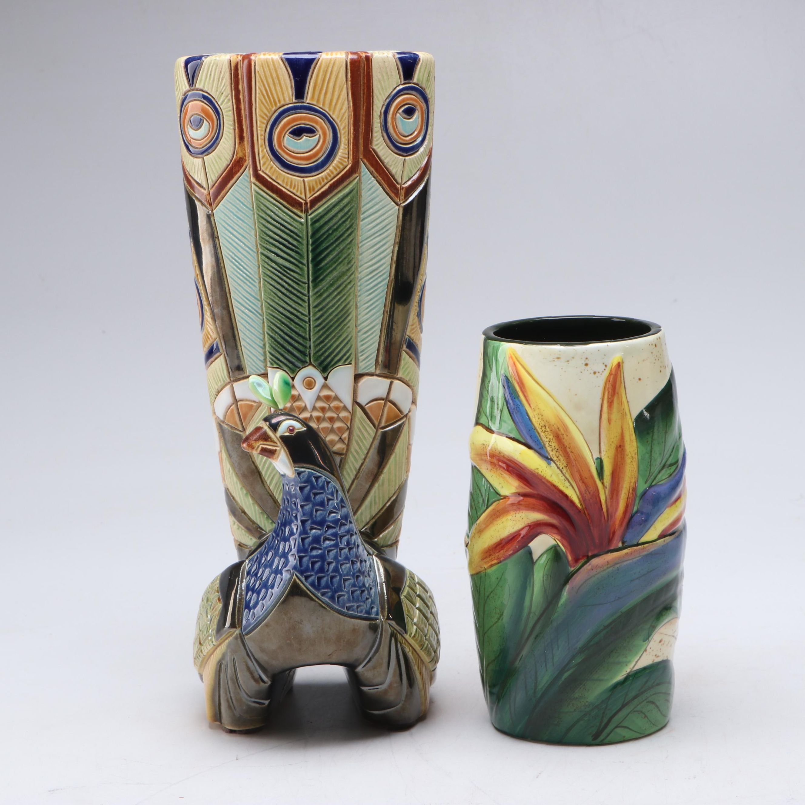 Peacock Figural and Chinese Hand-Painted Ceramic Vases