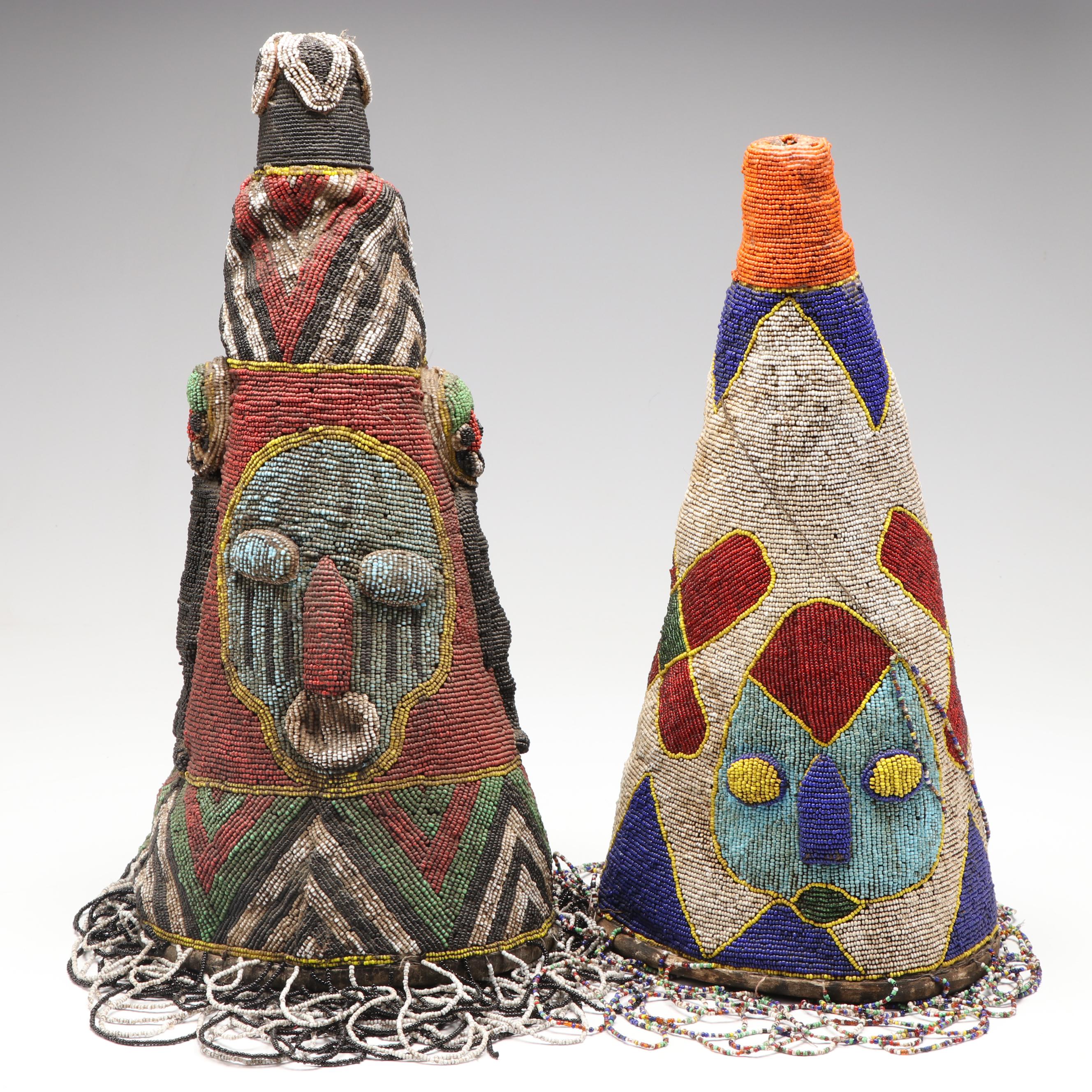 Nigerian Yoruba Adé Hand-Beaded Crowns with Beadwork Fringe