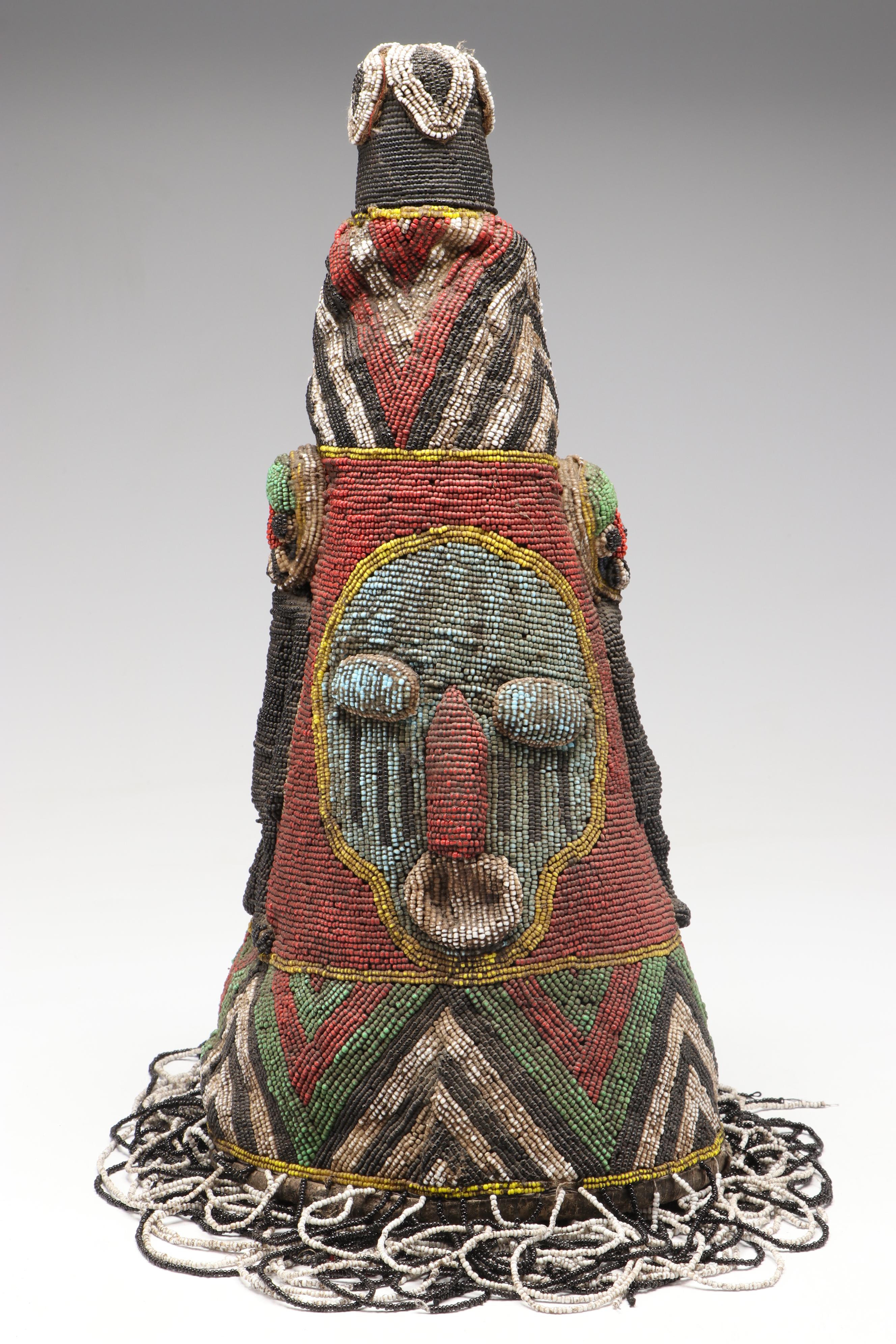 Nigerian Yoruba Adé Hand-Beaded Crowns with Beadwork Fringe