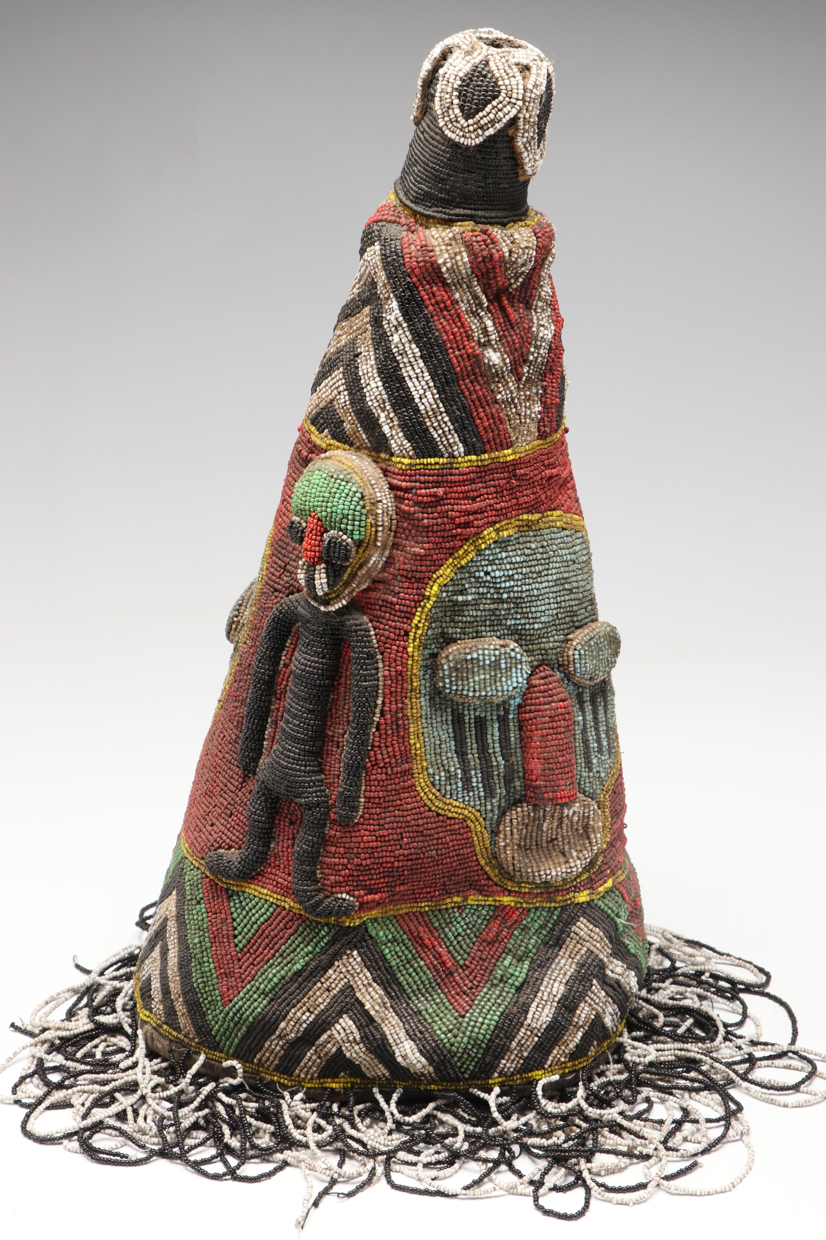 Nigerian Yoruba Adé Hand-Beaded Crowns with Beadwork Fringe