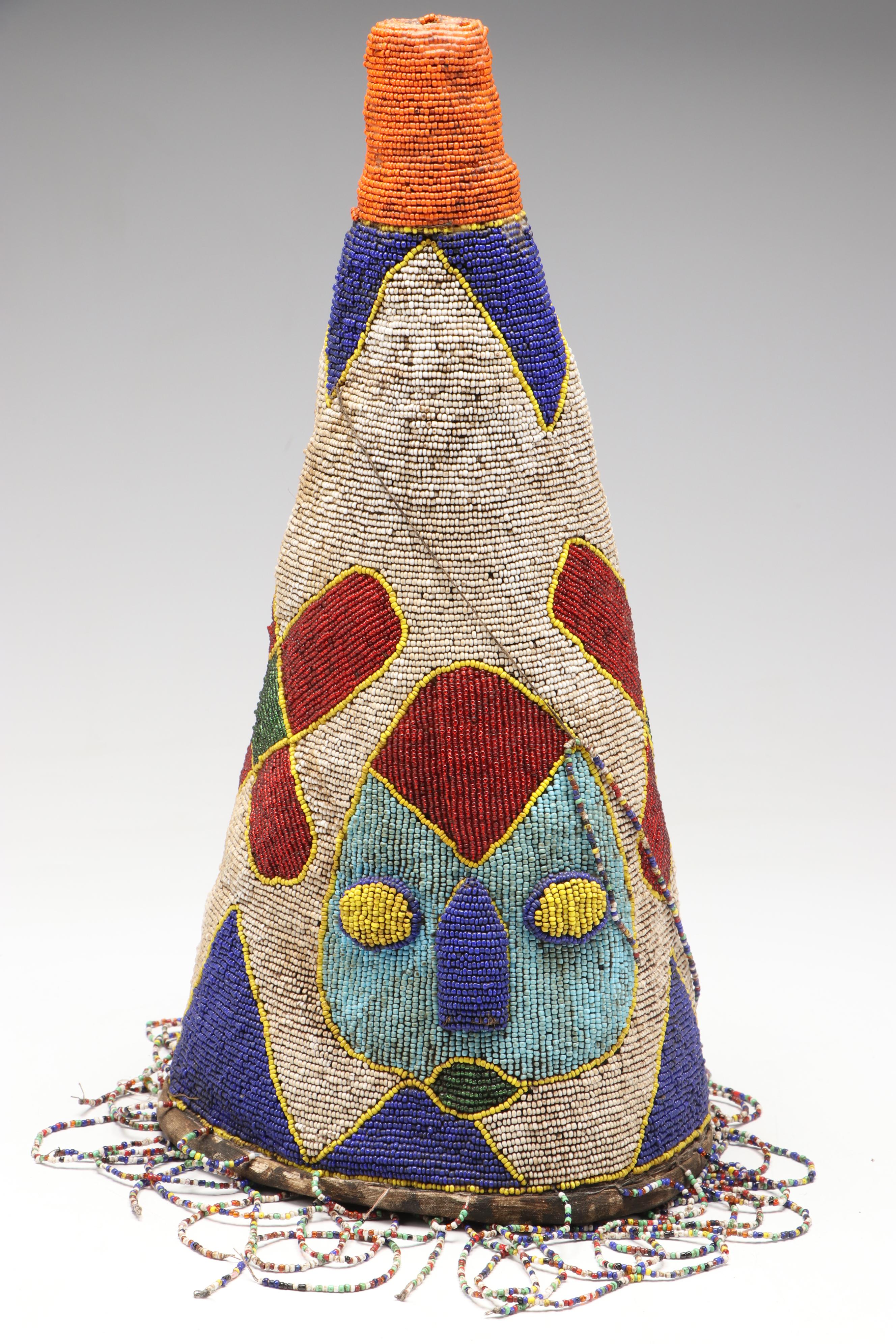 Nigerian Yoruba Adé Hand-Beaded Crowns with Beadwork Fringe