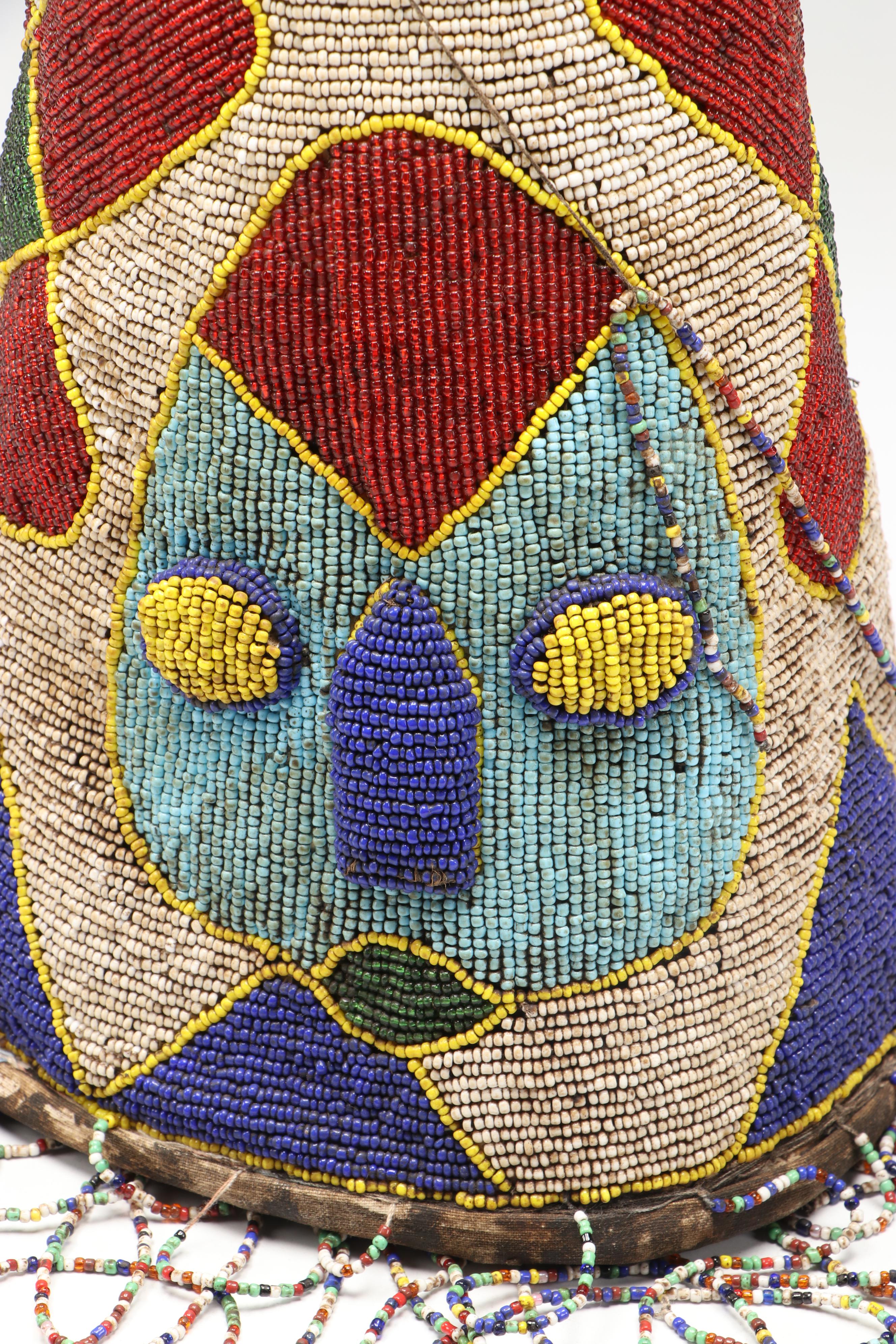 Nigerian Yoruba Adé Hand-Beaded Crowns with Beadwork Fringe