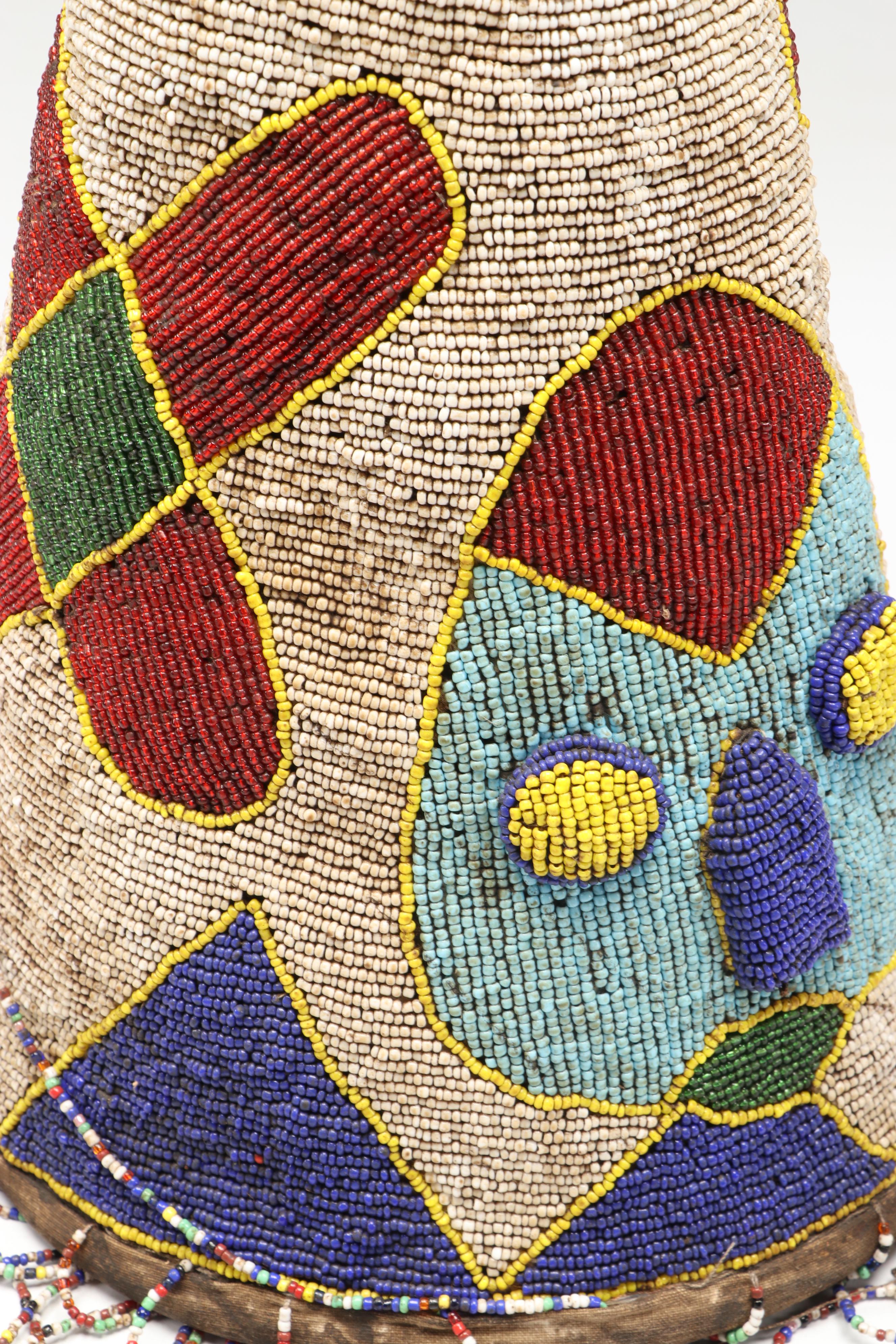 Nigerian Yoruba Adé Hand-Beaded Crowns with Beadwork Fringe