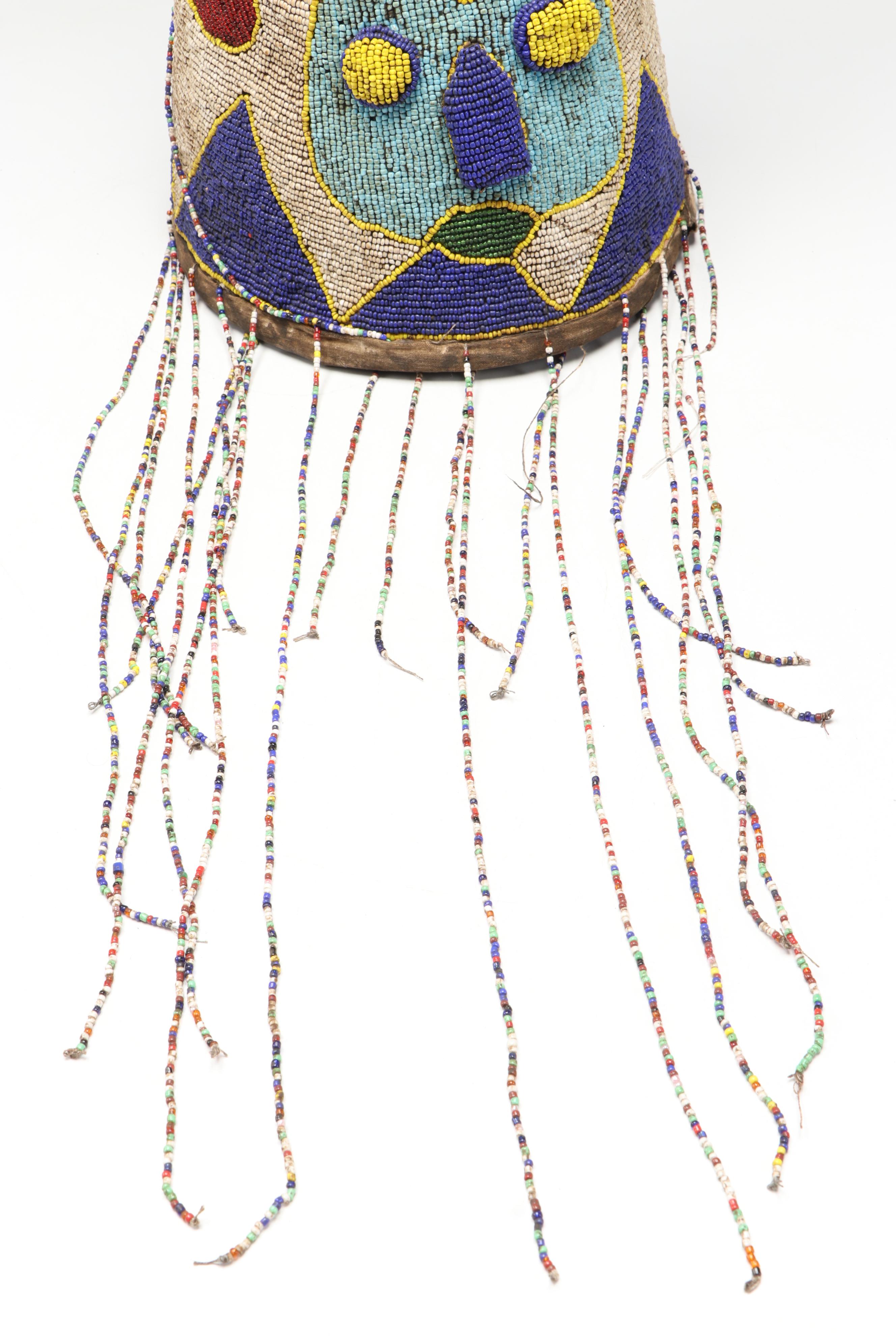 Nigerian Yoruba Adé Hand-Beaded Crowns with Beadwork Fringe