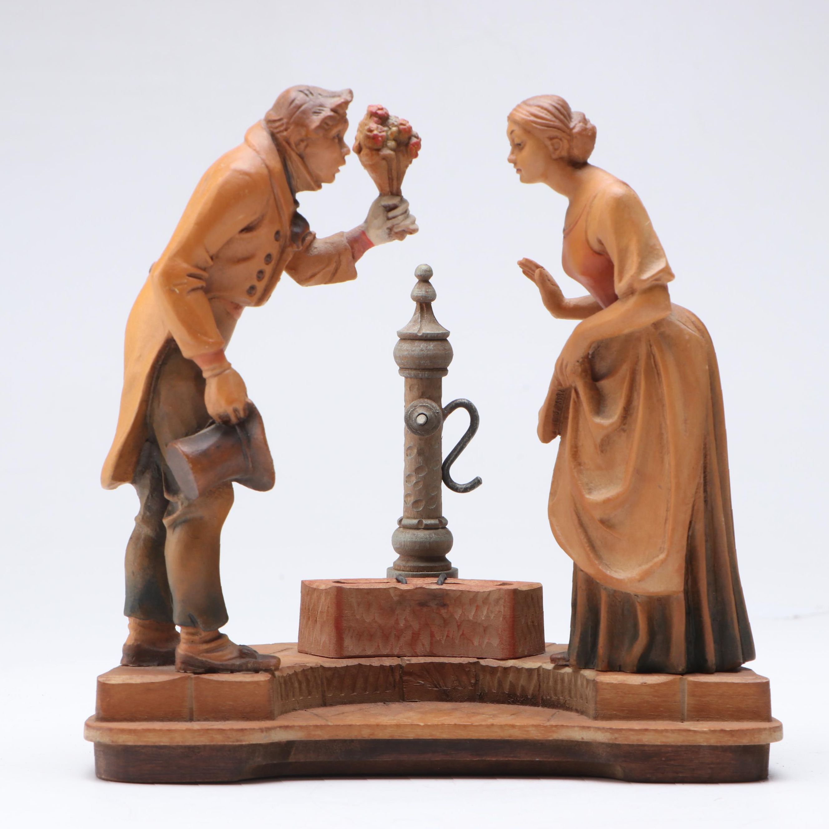 Folk Art Carved Wooden "The Eternal Wedding" Figurine, Mid-20th Century