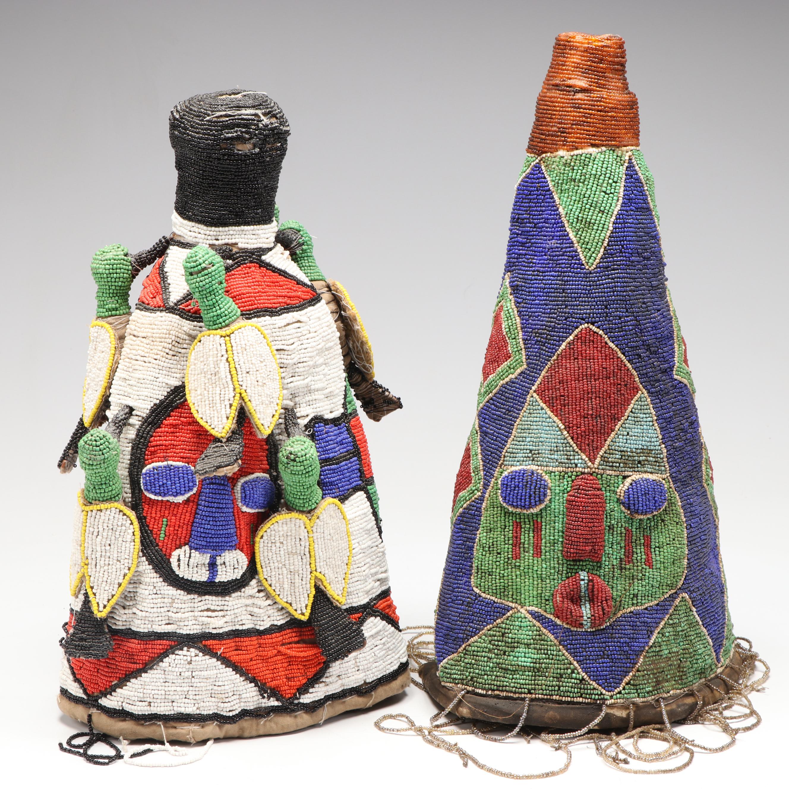 Nigerian Yoruba Adé Hand-Beaded Oba Crowns with Beaded Fringe