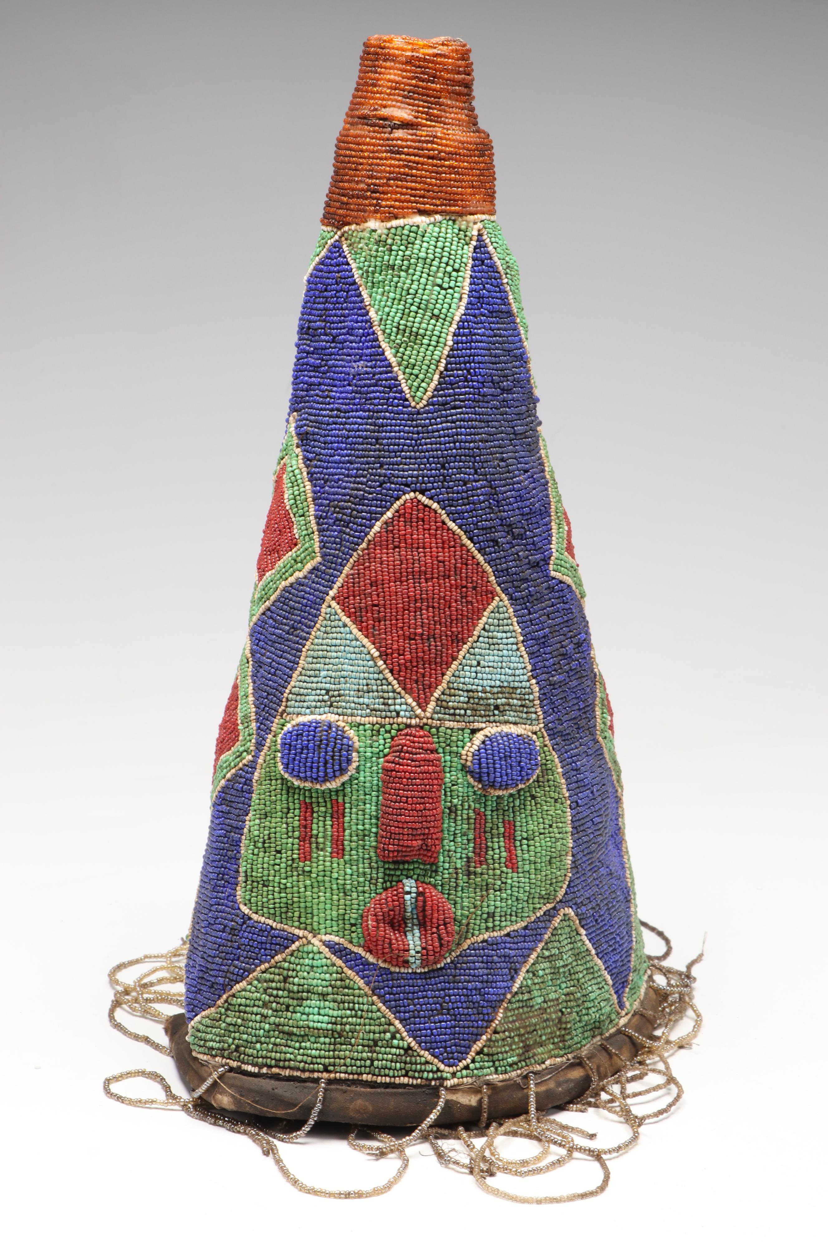 Nigerian Yoruba Adé Hand-Beaded Oba Crowns with Beaded Fringe