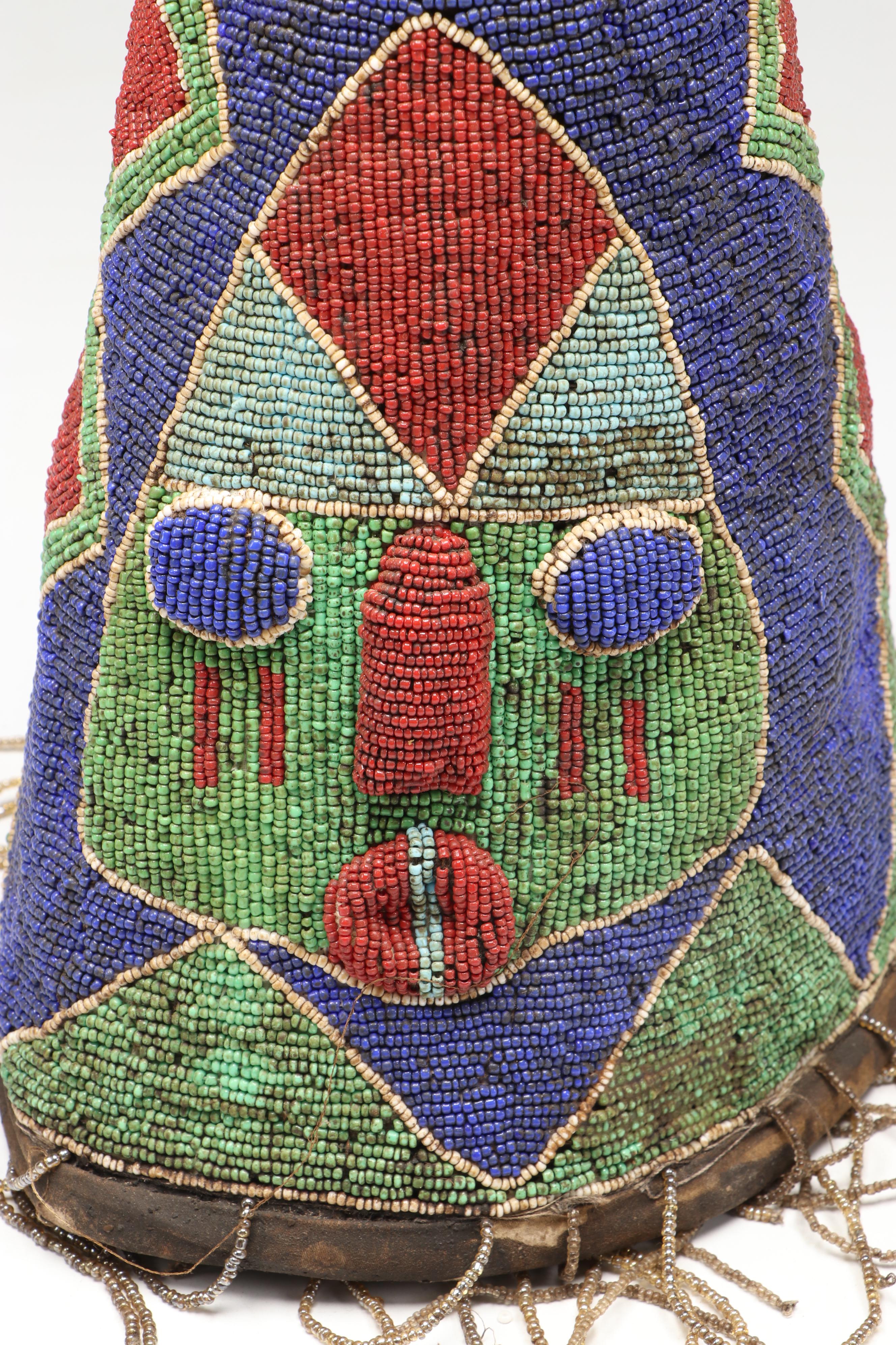 Nigerian Yoruba Adé Hand-Beaded Oba Crowns with Beaded Fringe