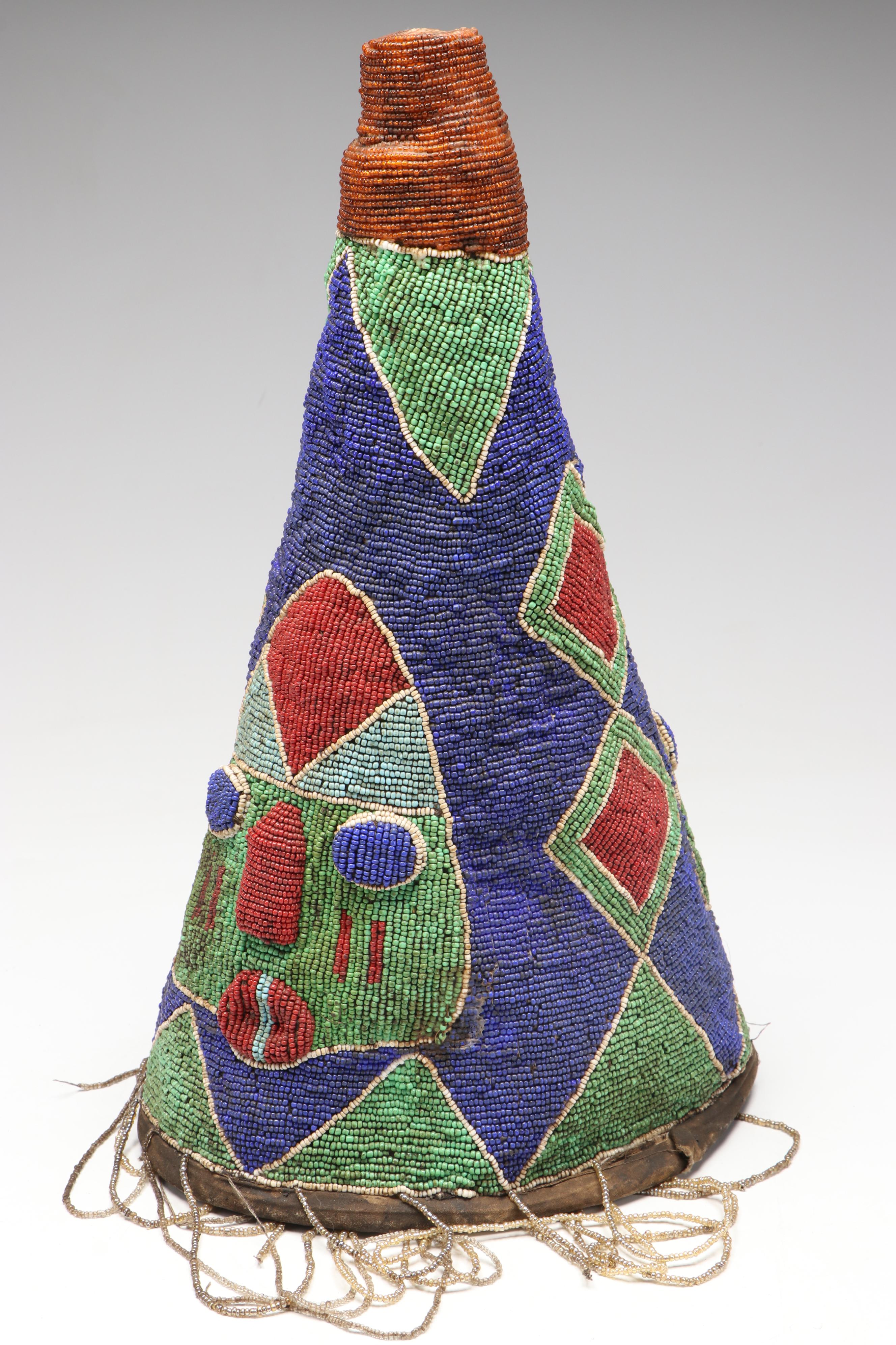 Nigerian Yoruba Adé Hand-Beaded Oba Crowns with Beaded Fringe