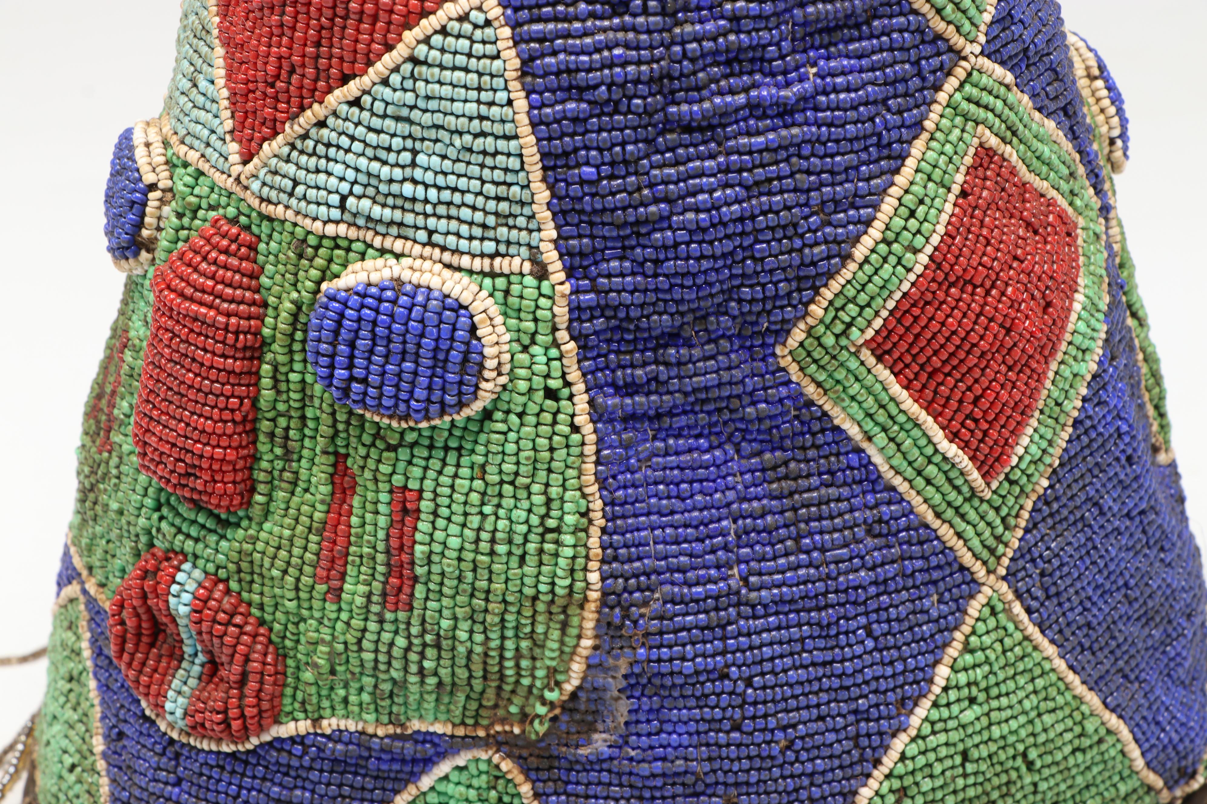 Nigerian Yoruba Adé Hand-Beaded Oba Crowns with Beaded Fringe