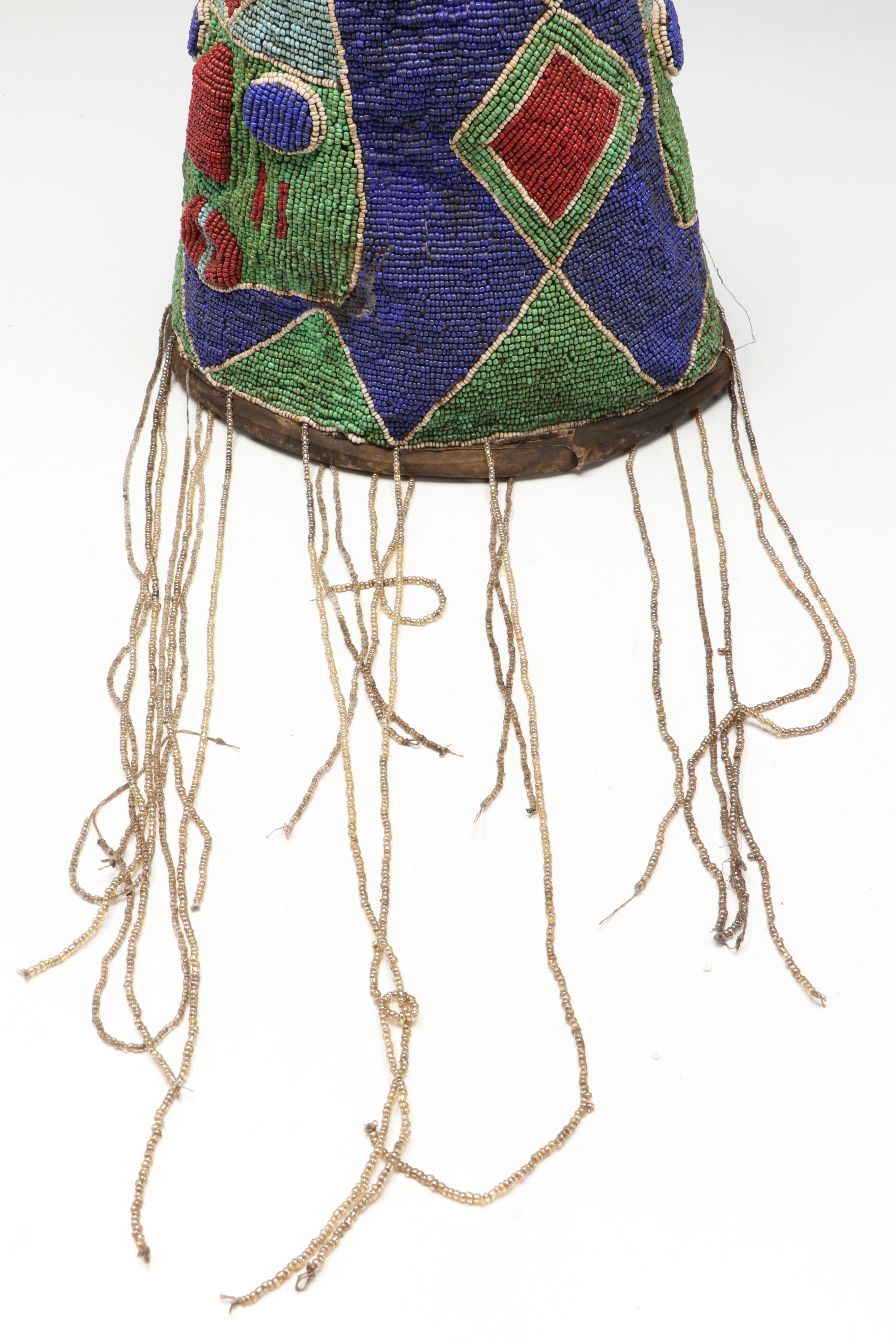 Nigerian Yoruba Adé Hand-Beaded Oba Crowns with Beaded Fringe