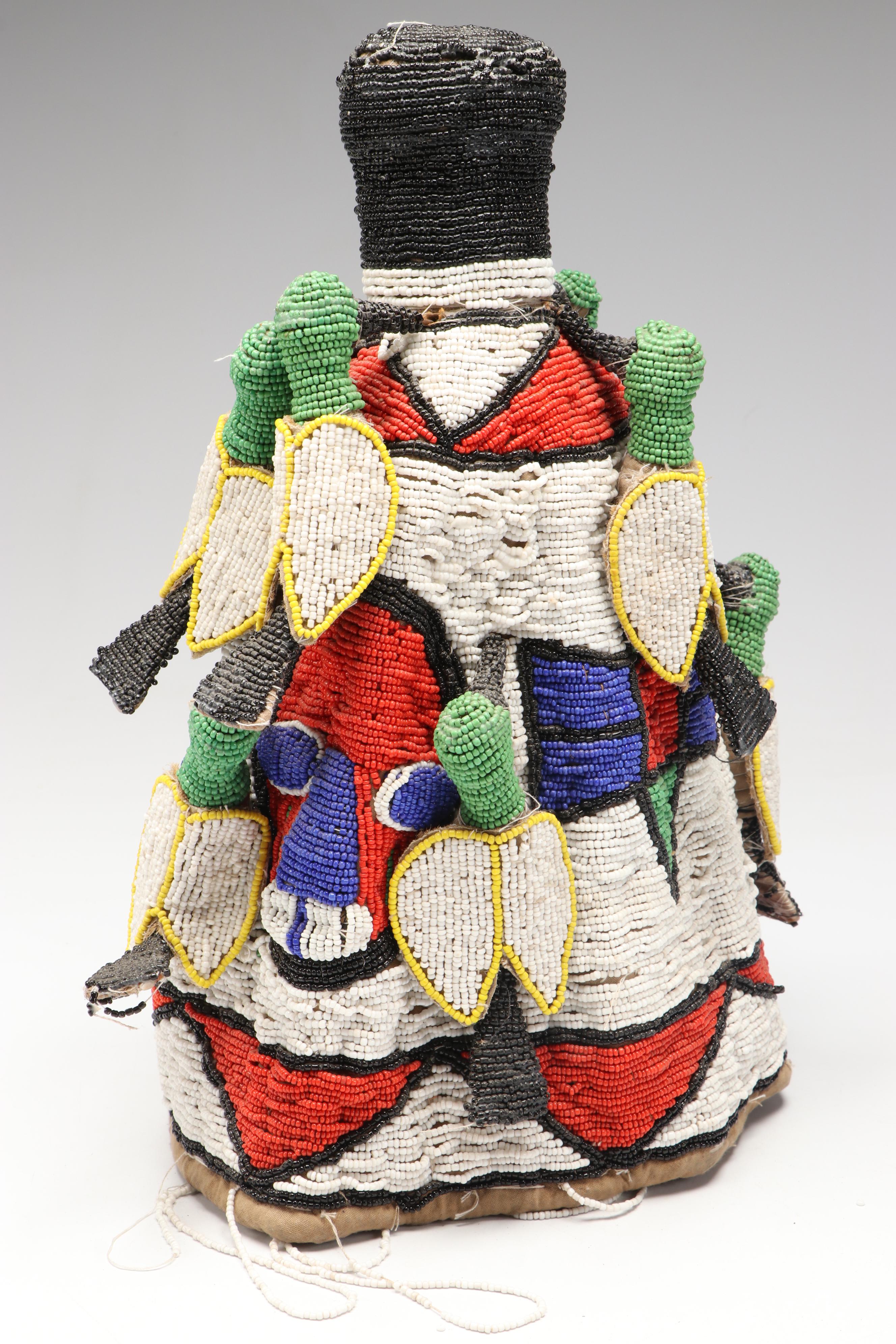 Nigerian Yoruba Adé Hand-Beaded Oba Crowns with Beaded Fringe