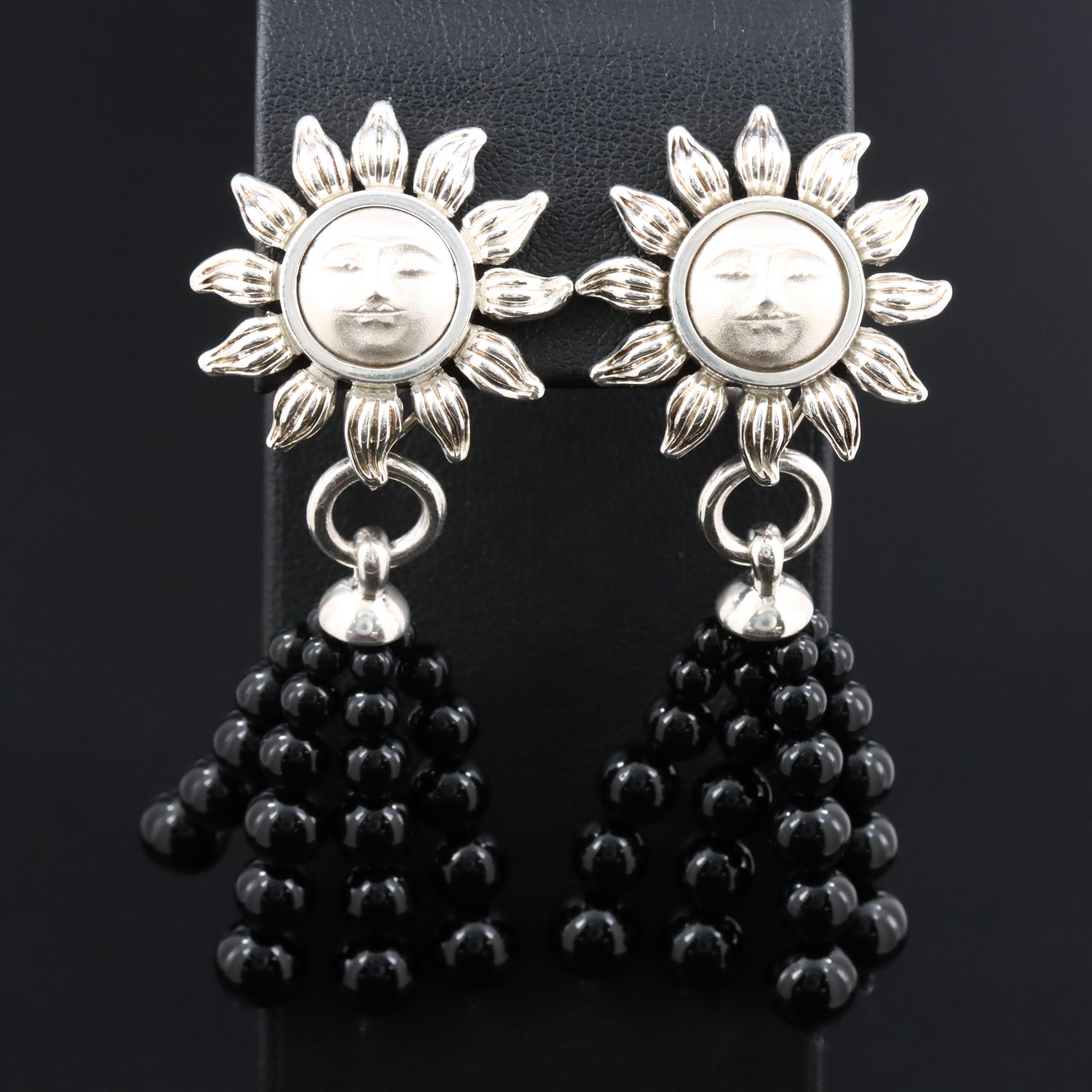 Tiffany & Co Sterling Silver Sun Earrings with Removable Black Onyx Bead Tassels