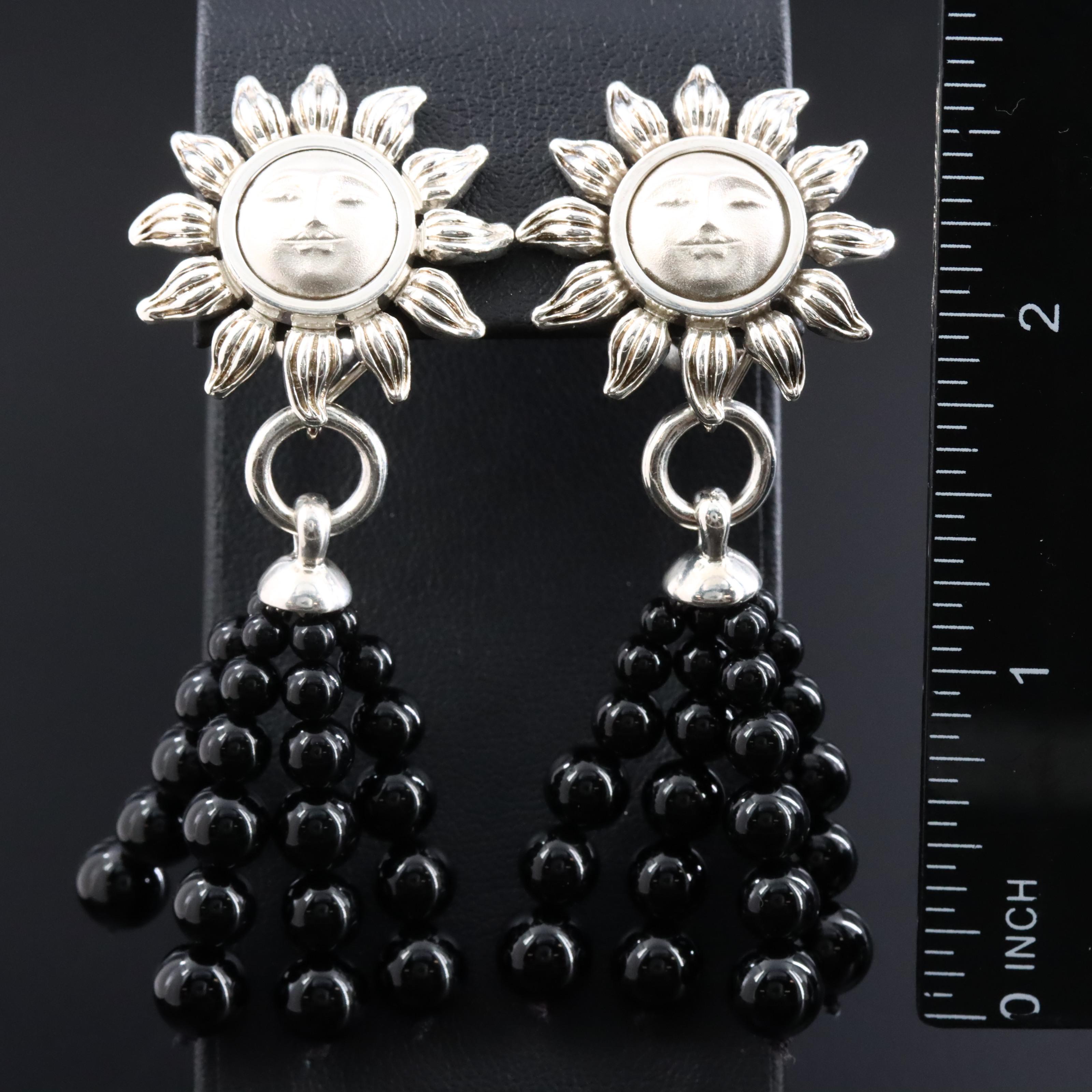 Tiffany & Co Sterling Silver Sun Earrings with Removable Black Onyx Bead Tassels