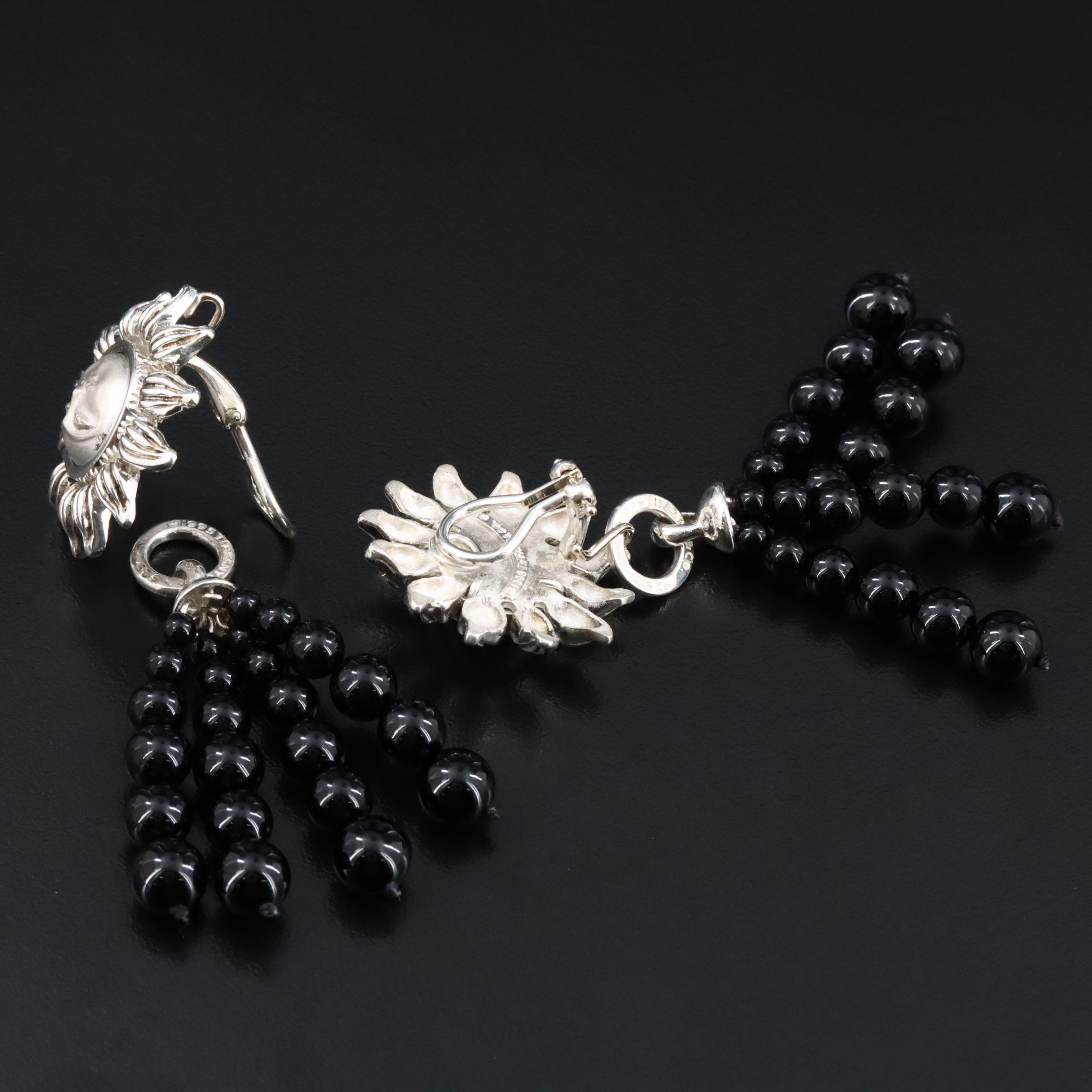 Tiffany & Co Sterling Silver Sun Earrings with Removable Black Onyx Bead Tassels