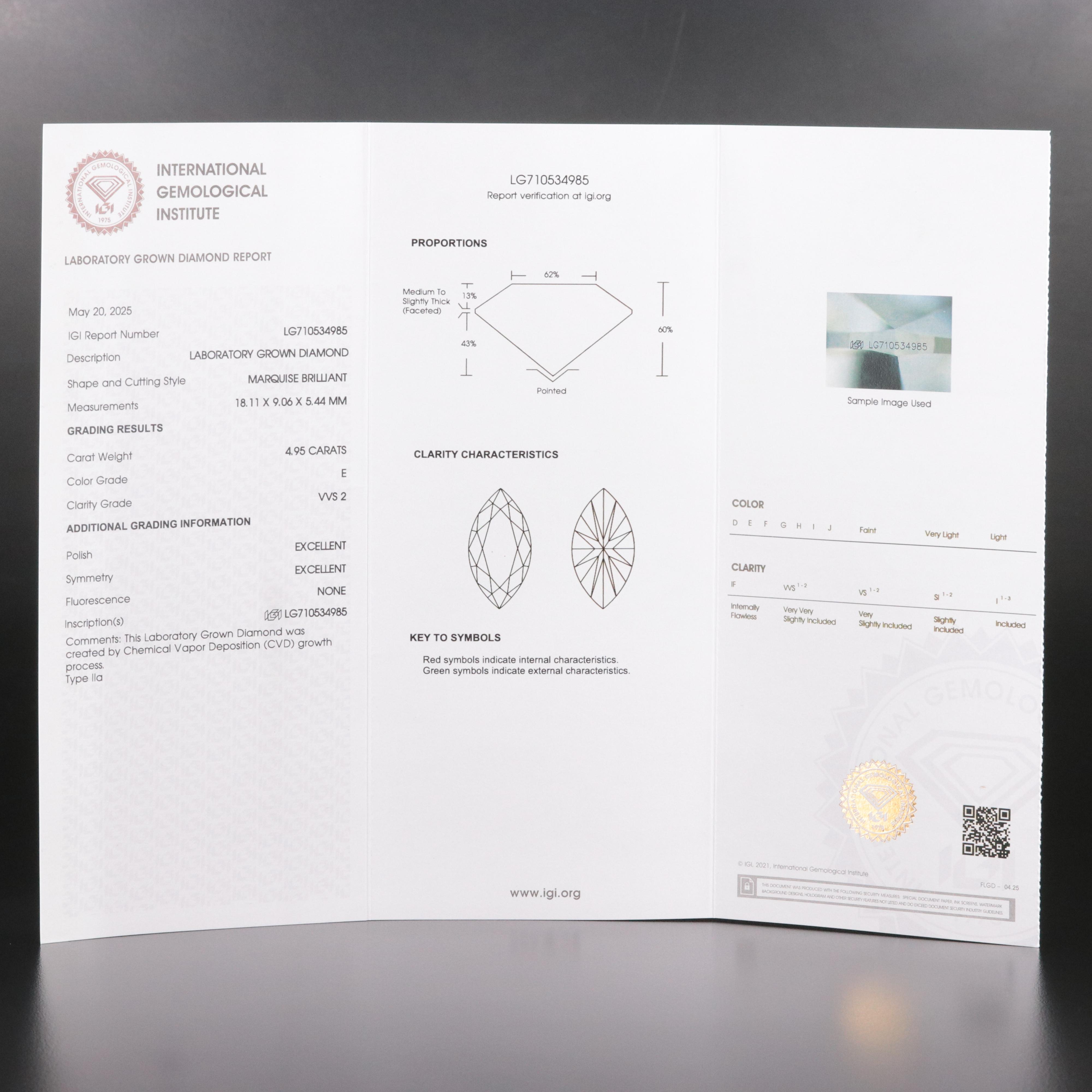 Loose 4.95 CT Lab Grown Diamond with IGI Report
