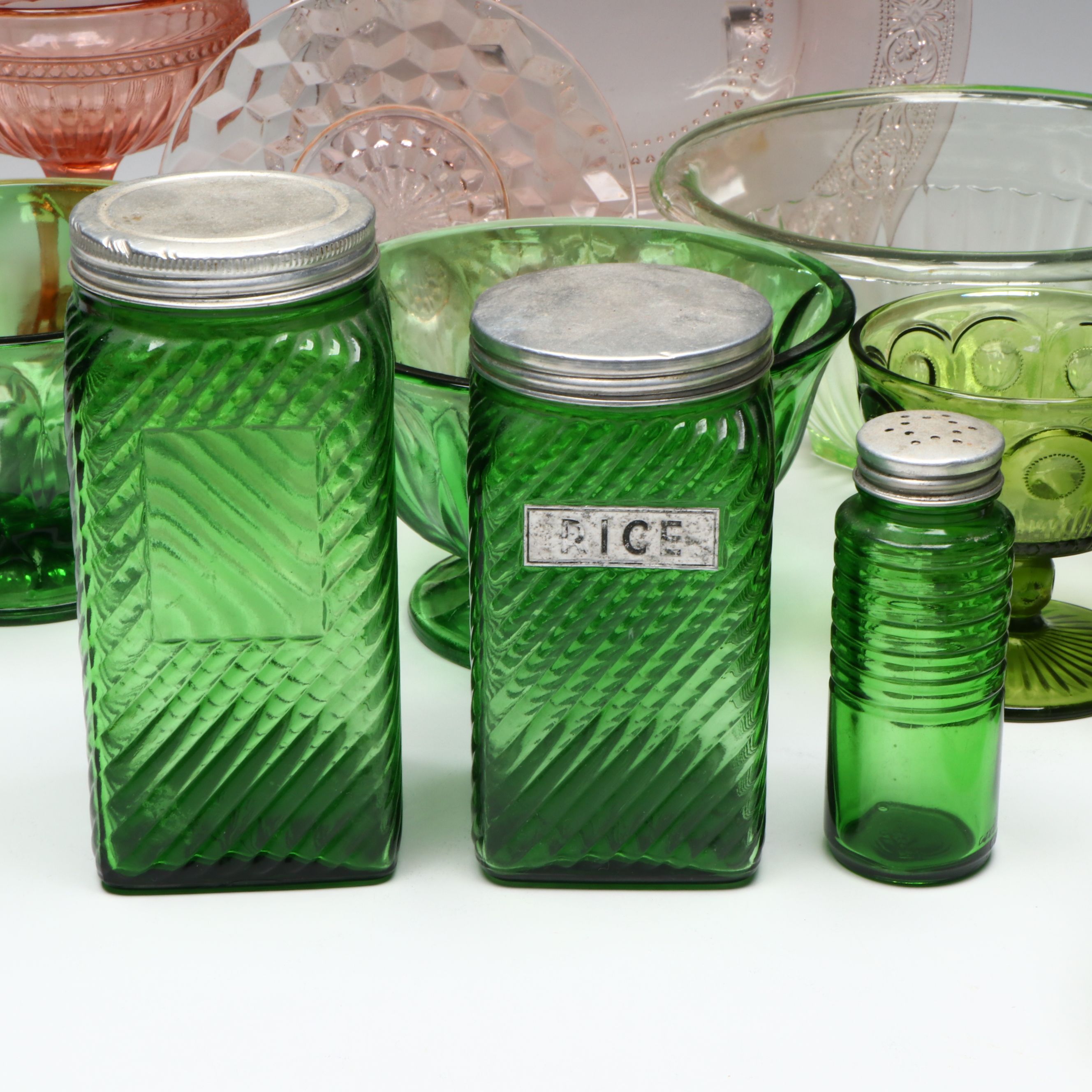 Imperial Glass "Fancy Colonial" Compote with Other Depression and Uranium Glass