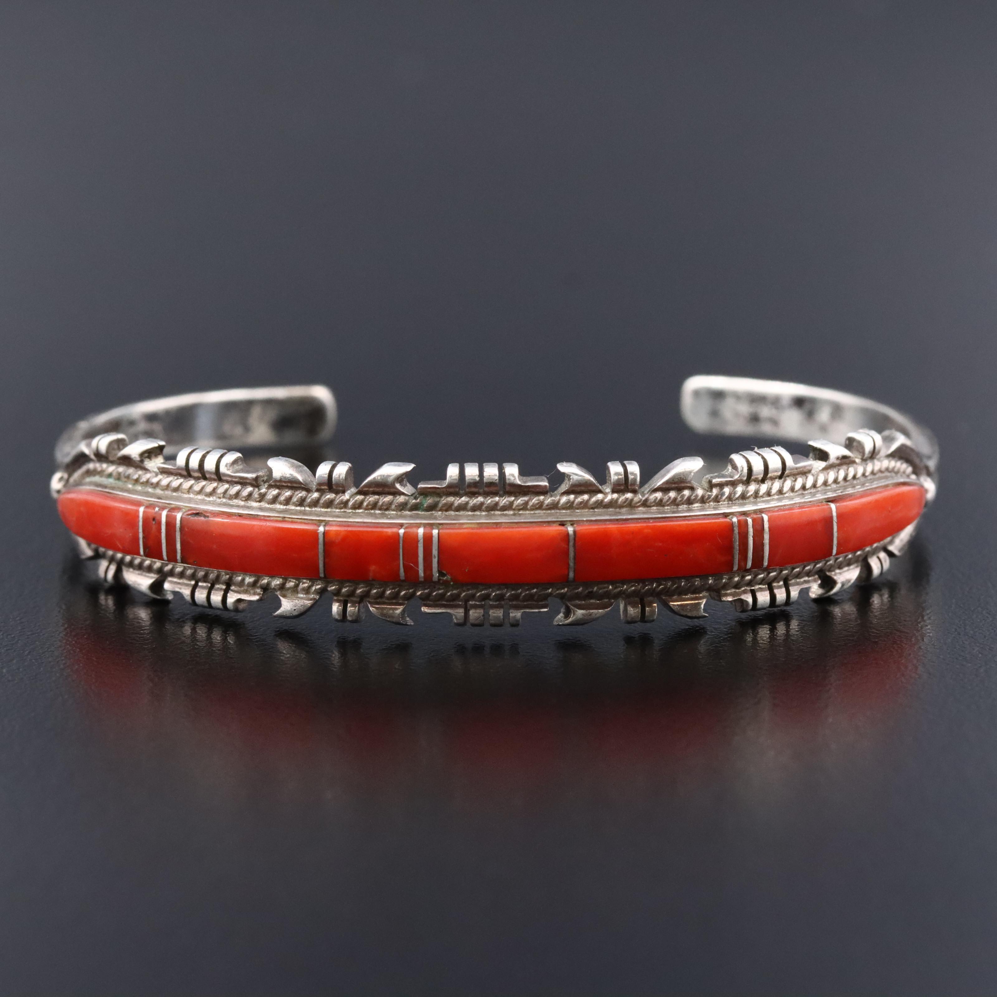 Southwestern Signed Sterling Coral Inlay Cuff Bracelet