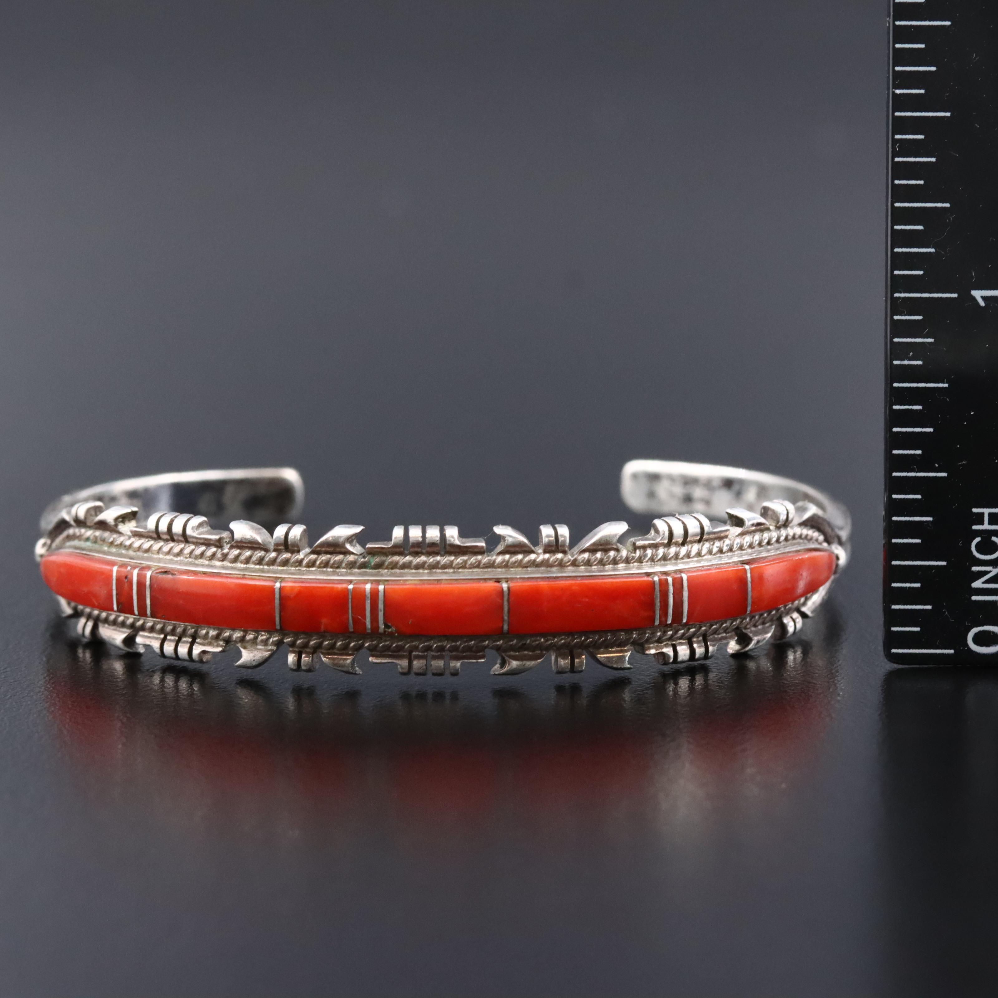 Southwestern Signed Sterling Coral Inlay Cuff Bracelet